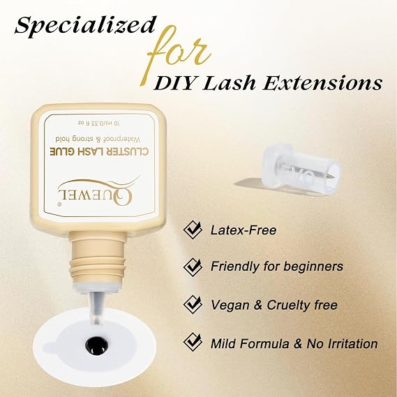 QUEWEL Lash Clusters Glue 10ml Black DIY Lash Extensions for Individual Lashes Long-Lasting No Irritation, Large Capacity No Shaking (Black-10ml)