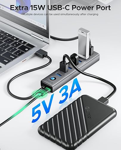 Miniatura 4 de ORICO Hub USB de aluminio de 7 puertos con cable de 1.64 pies, múltiples concentradores USB 3.0, transferencia de datos de 5 Gbps, puerto tipo C 5V