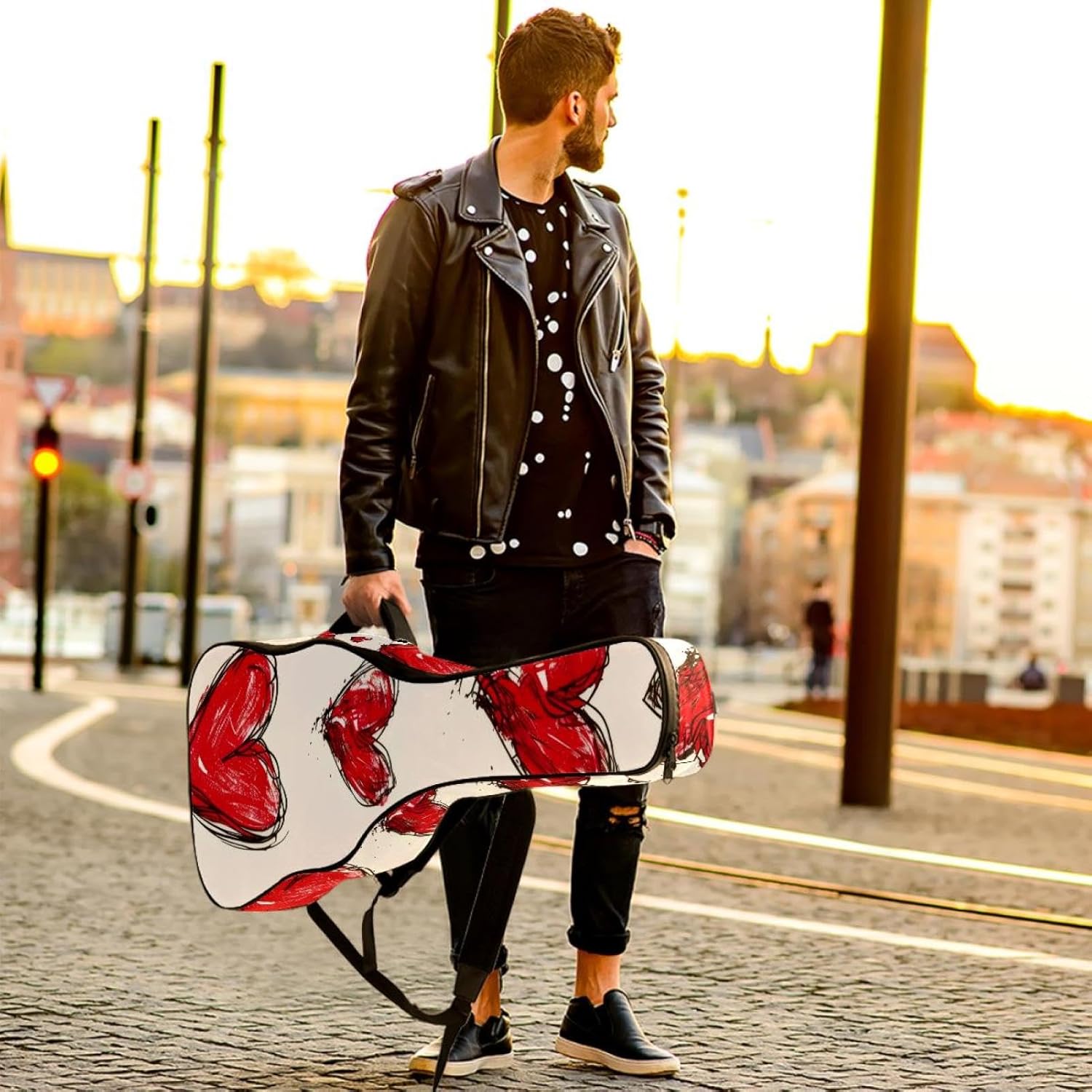 Acoustic Guitar Gig Bag 1 cm Thick Padding, Waterproof Electric Guitar Bag 40-42 Inch Guitar Case Backpack with Dual Shoulder Strap, Cute Red Heart Doodle style