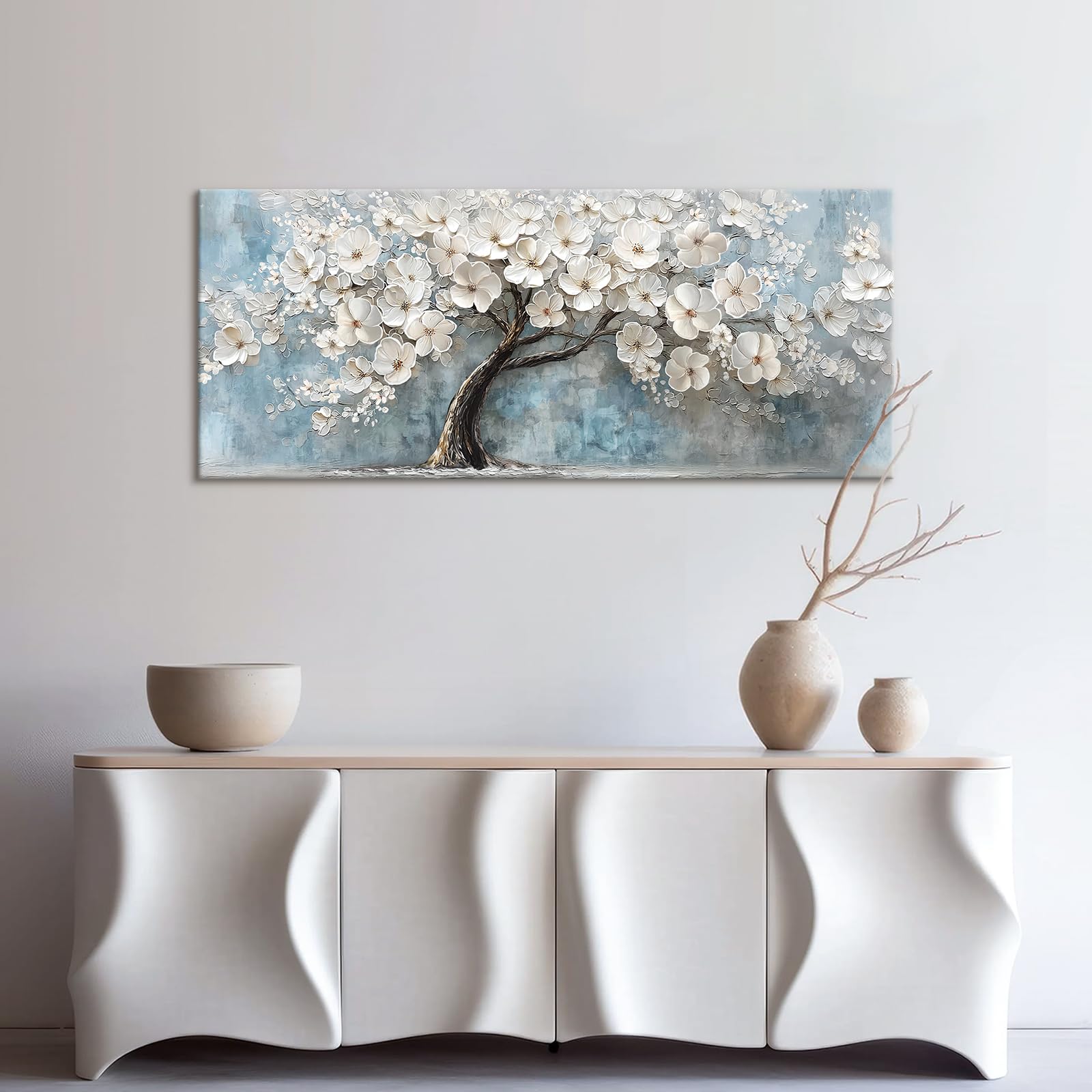 Cadre en Bois Impression sur Toile Peinture Arbre de Vie en Fleurs Blanches Tableau Blooming Floral Image sur Toile Grandes Tableau Decoration Murale Salon Chambre Restaurant Hôtel 50x120cm