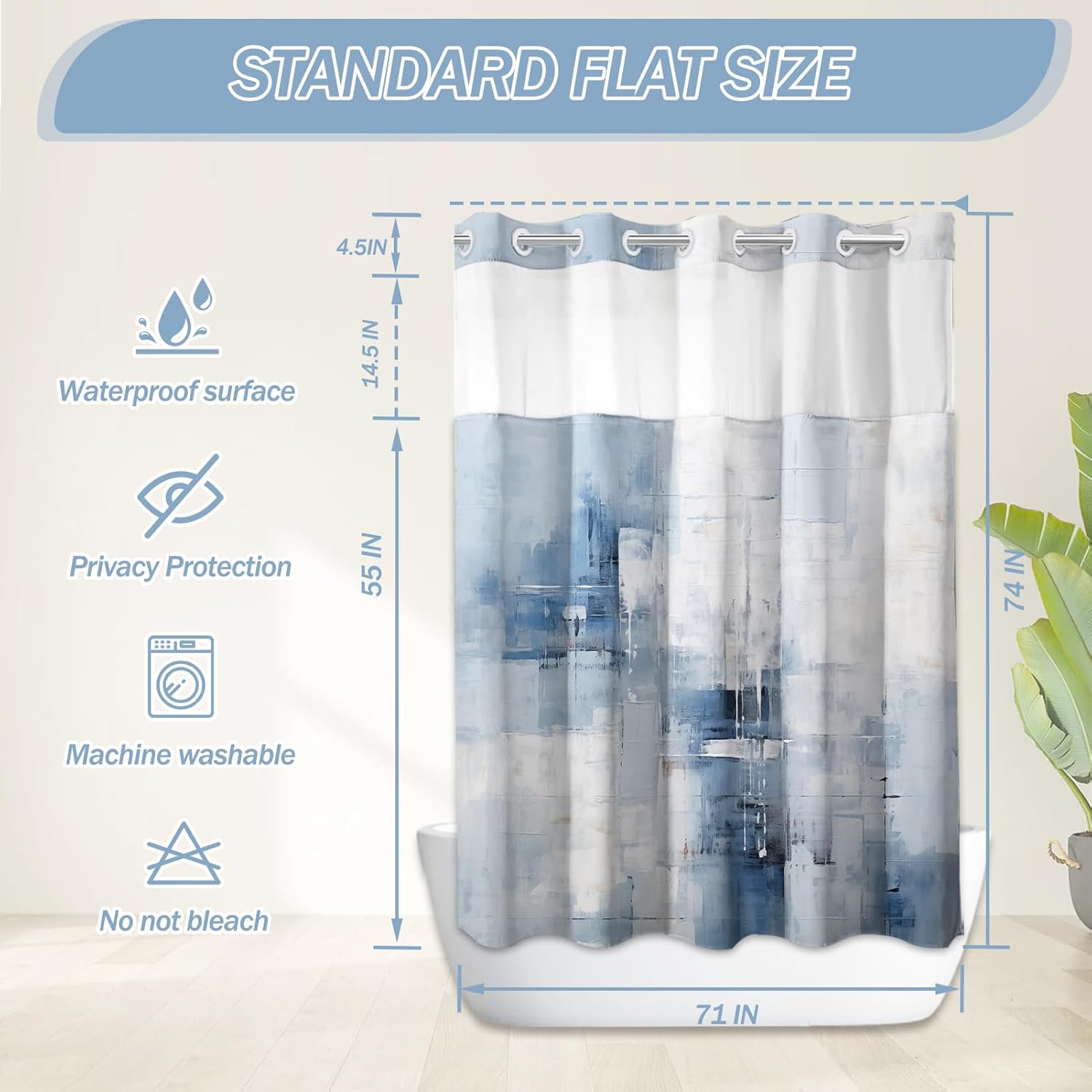 Hookless Shower Curtain with Snap in Liner, Blue No Hook Shower Curtain with Liner Set, Watercolor Abstract Bathroom Curtain with Liner and See Through Top Window Bathroom Decor Set 71x74 Inches