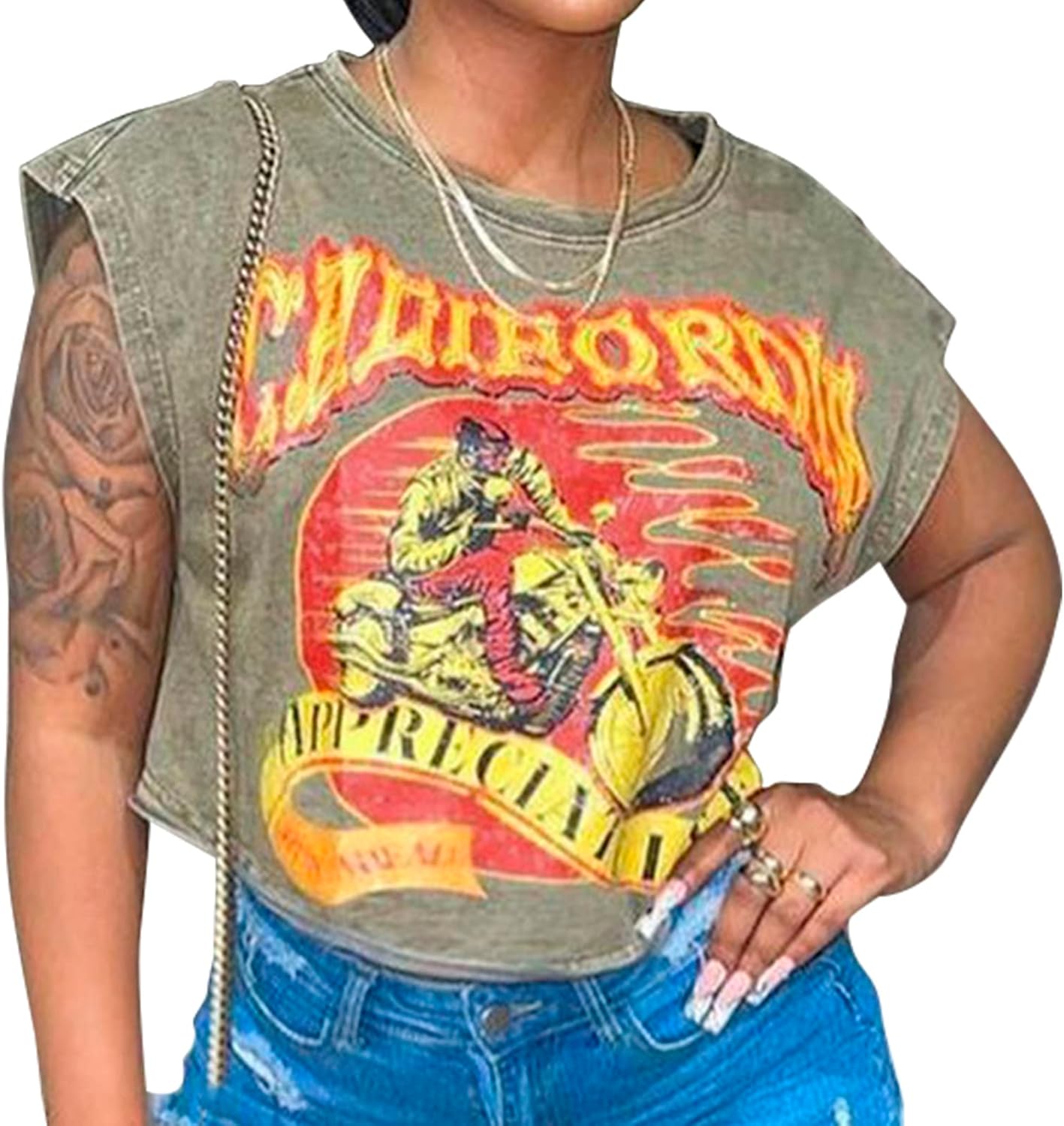 Tank Top for Women Sleeveless Crop Tops Crew Neck California Printing Graphic Cropped Tank Top Shirts