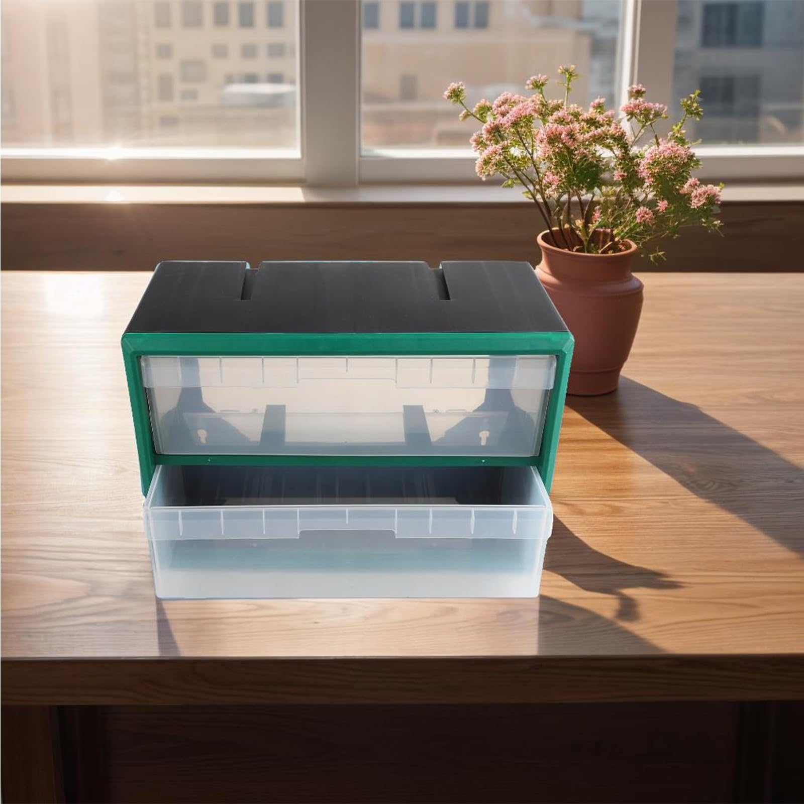 Caja de almacenamiento de plástico apilable para piezas de cajones y herrajes para gabinetes con soporte de pared, para organizar herramientas en talleres, garajes y fábricas (verde)