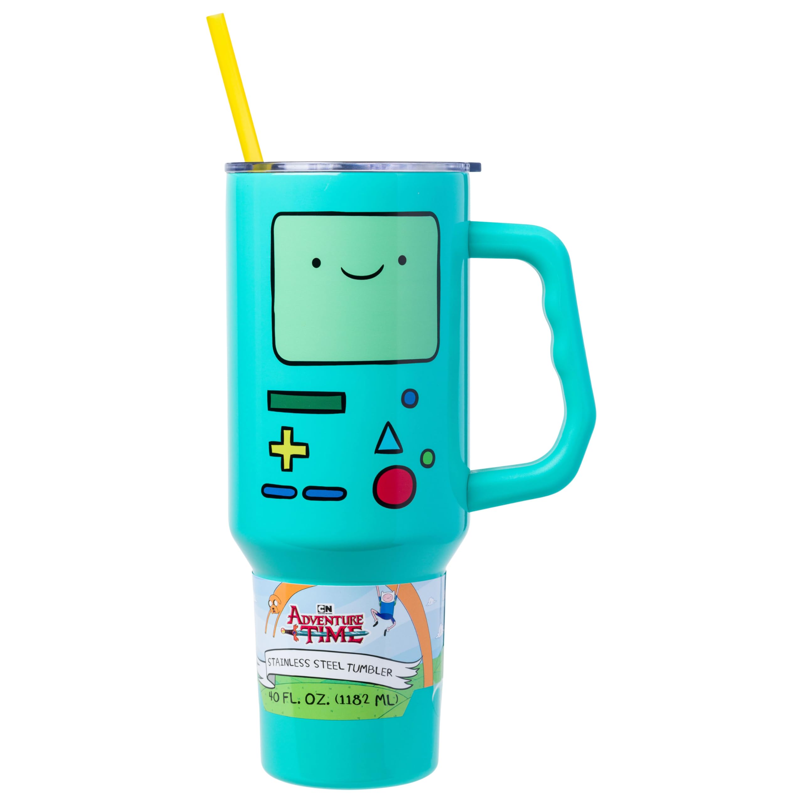 Silver Buffalo Adventure Time Featuring BMO Double Walled Stainless Steel Tumbler with Handle and Straw, Fits in Standard Cup Holder, 40 Ounces Adventure Time BMO