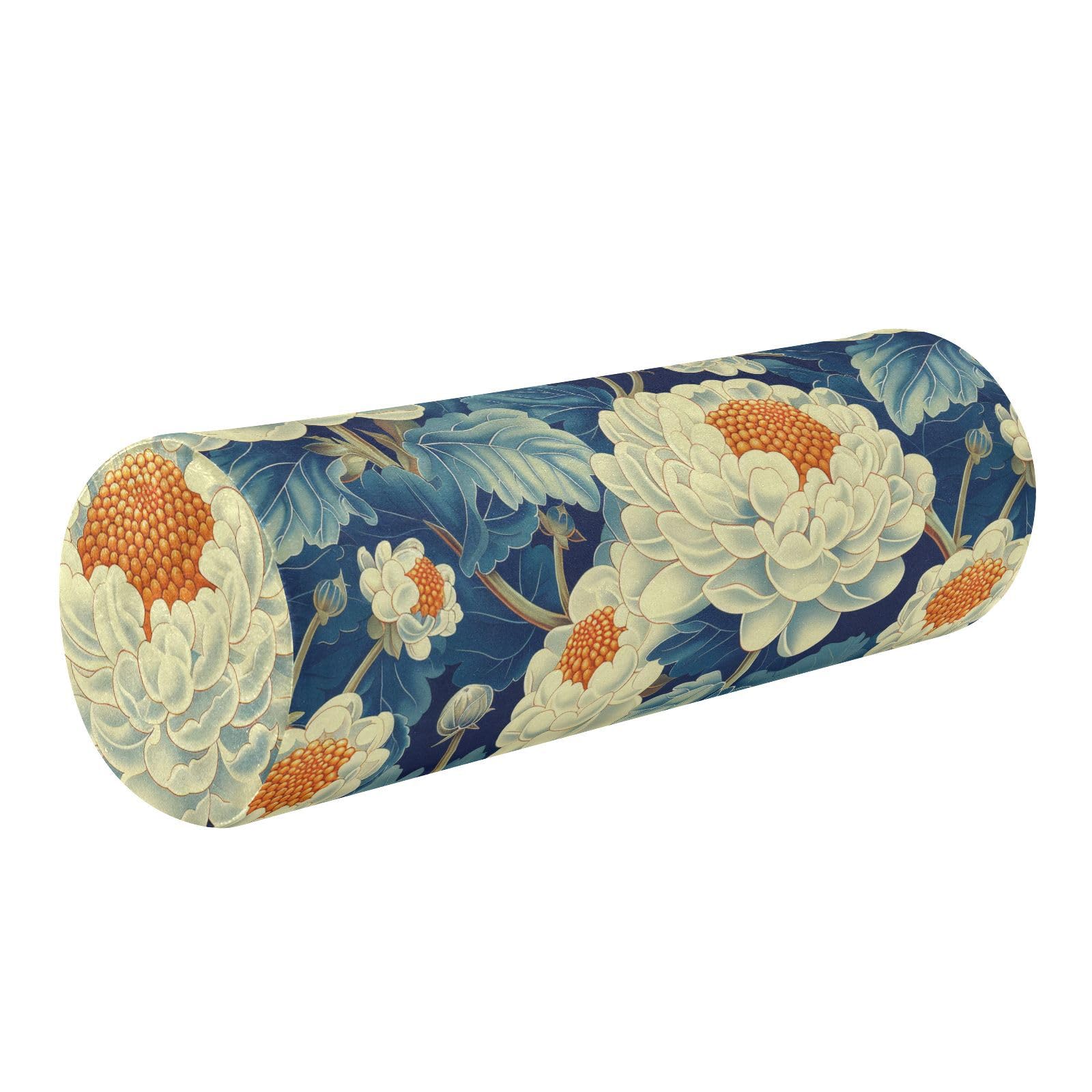 miaozhen Floral Cauliflower Design Blue White Lumbar Support Pillow Sleep Neck Roll Pillows for Pain Relief almohada Redonda para el Cuello 5.5''x17''