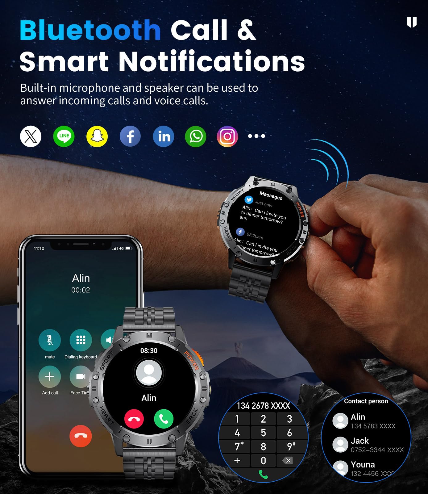 FITFLEX Smartwatch da uomo con chiamate Bluetooth/530 mAh, 1,43" Amoled Smartwatch Uomo con 120+ modalità sportive/cardiofrequenzimetro, sonno, IP68 impermeabile pedometro per Android iOS
