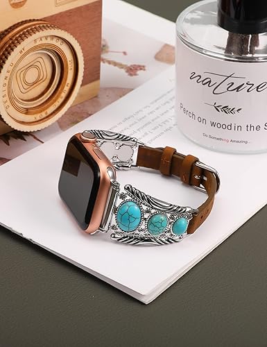 Miniatura 5 de Minyee Correa de cuero compatible con Apple Watch Band para mujeres de 424638404144451.929 in, correa ajustable estilo bohemio turquesa occidental