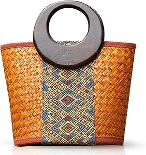 QTKJ Straw Beach Bag for Women, Summer Handmade Rattan Tote Bag, Round Wooden Handle, Boho Retro Straw Woven Handbag, Large Beach Bag for Vacation (Yellow)