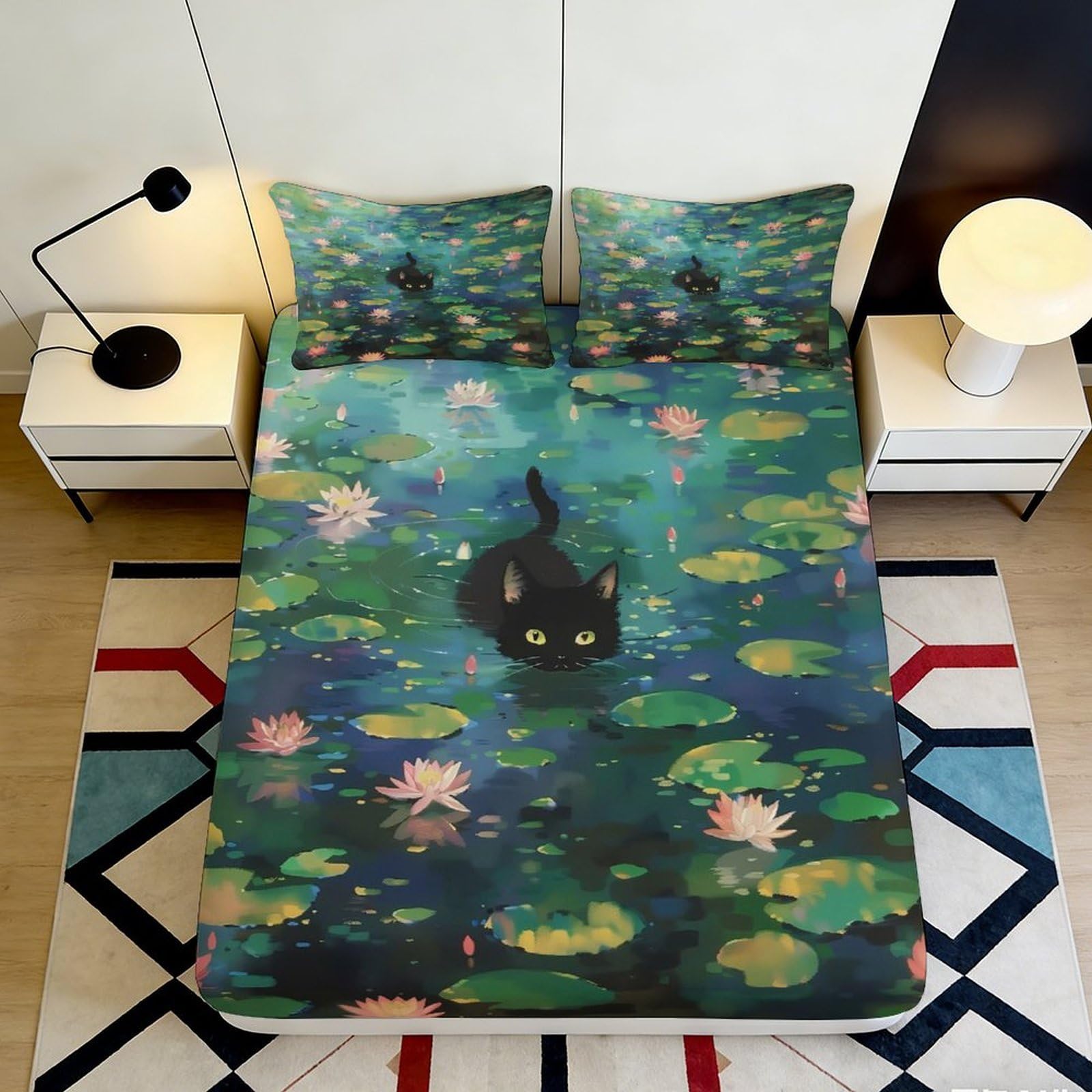 3D Printed Water Lily Pond Fitted Sheet Microfiber Black Cat Mattress Cover for Bedroom Guest Room Easy Care Decor 90x200x25cm