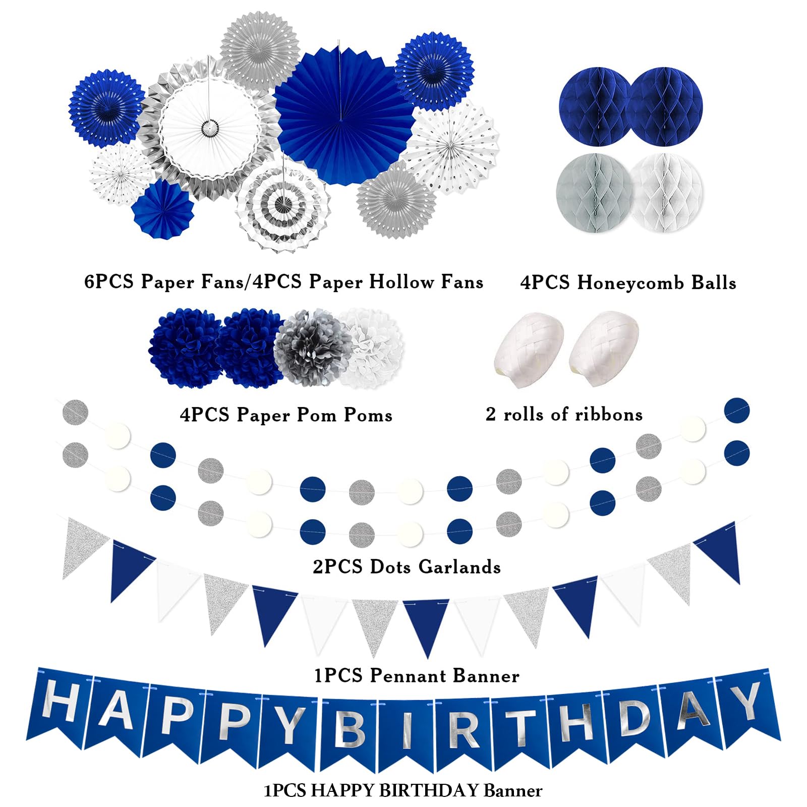 Decoración de fiesta de cumpleaños azul marino y plateado, 24 abanicos de papel colgantes, pompones, flores, guirnalda de lunares, pancarta de feliz cumpleaños para niños, cumpleaños, baby shower,
