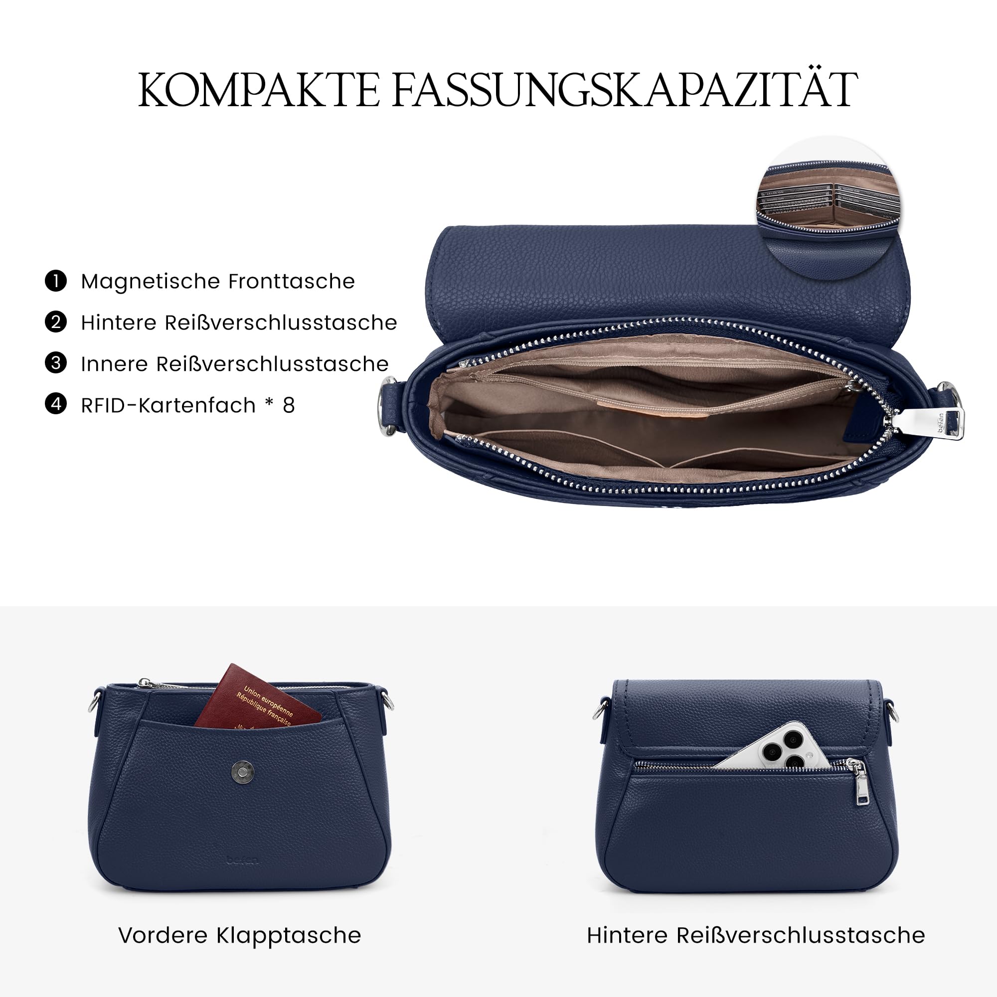befen Echtleder Umhängetasche Damen Mittelgroß Handtasche RFID-Blockierung | Leder Crossbody Bag Klein Schultertaschen für Frauen Saddle Bag mit Verstellbar Schultergurt