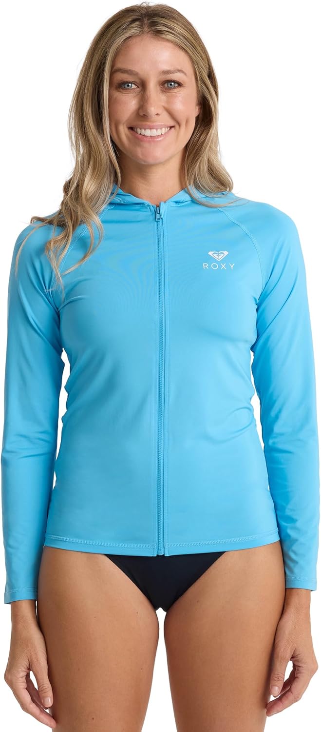Roxy Women's Long Sleeve Zip-up Hooded Rashguard – UPF 50+, Surfsuit, Hiking, Workout, Yoga, Quick-Dry Swim Shirt