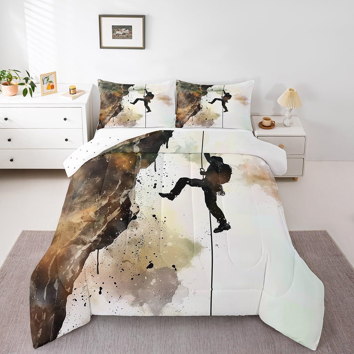 Erosebridal Rock Climber Full Comforter Set for Men Women, Watercolor Mountain Climbing Bedding Set for Adults, Rock Climbing Bouldering Bedding Comforter Sets, Extreme Sports Theme Bed Sets