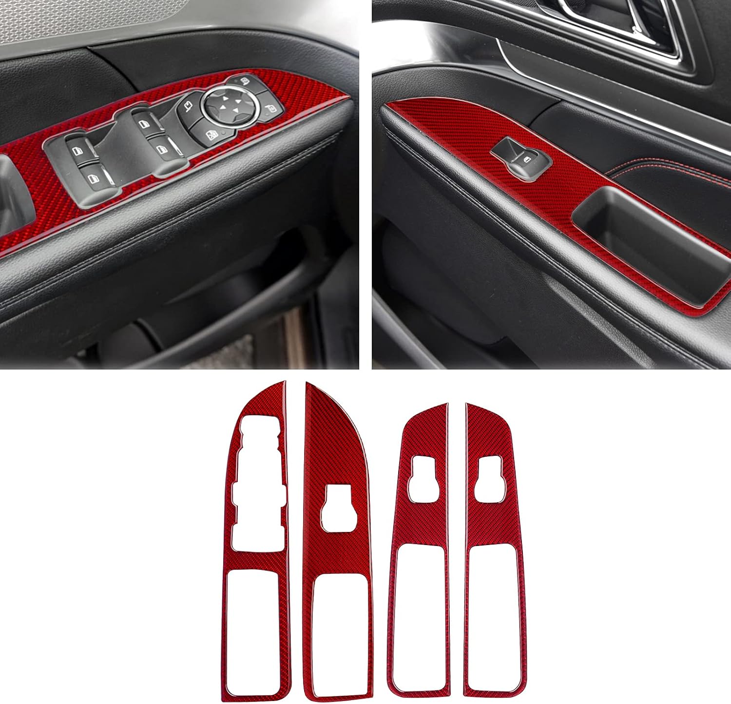 SUNJIKA Compatible with 4pcs Carbon Fiber Door Window Rising Lift Control Panel Cover Trim Sticker Interior Accessories for Ford Explorer 2014 2015 2016 2017 2018 2019 (Red)