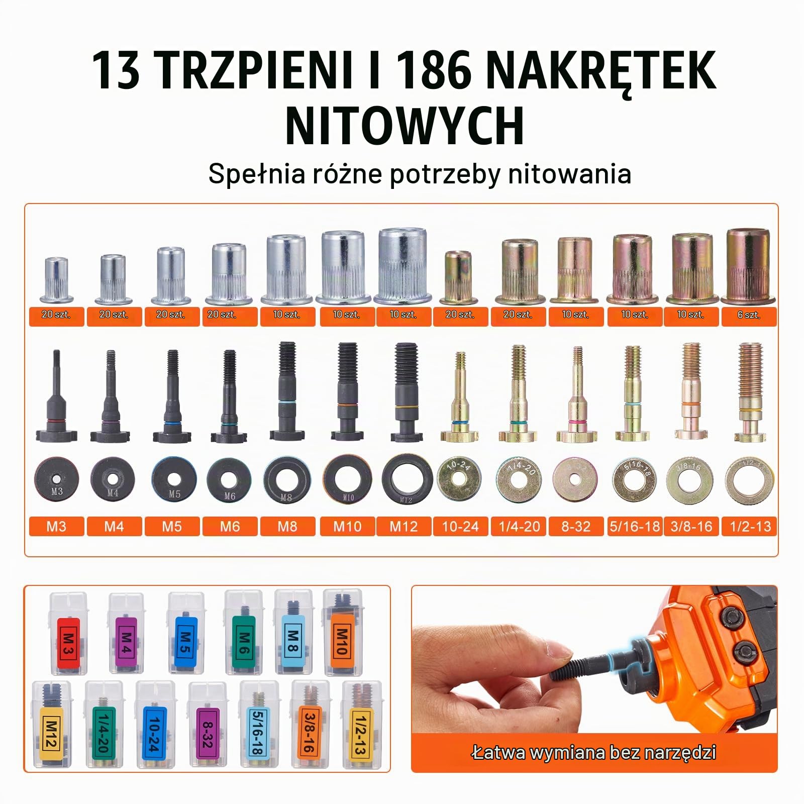 VEVOR 16" rivmutterverktyg, arbetsbesparande rivmutterverktygssats med 13PCS metriska och SAE-dorn, 186PCS rivmuttrar, 1/4-20, 5/16-18, 3/8-16,1/2-13, 8-32, 10-24 med bärväska