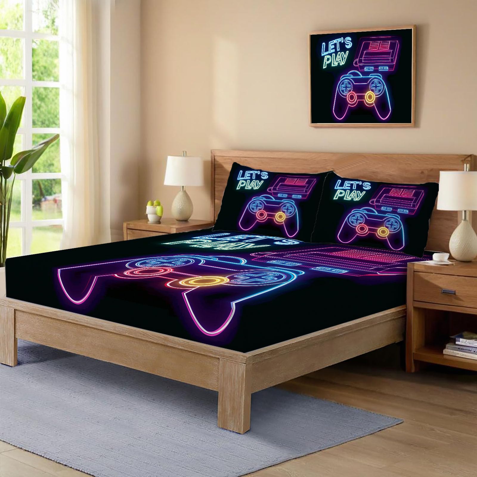 Sábanas 200X190/200Cm - Juego De Sábanas 3 Piezas Estampadas Consola De Juegos De Neón - Microfibra Suave Transpirable - Sábana Bajera Ajustable - Ropa De Cama Póster Retro (Tinta Negra)