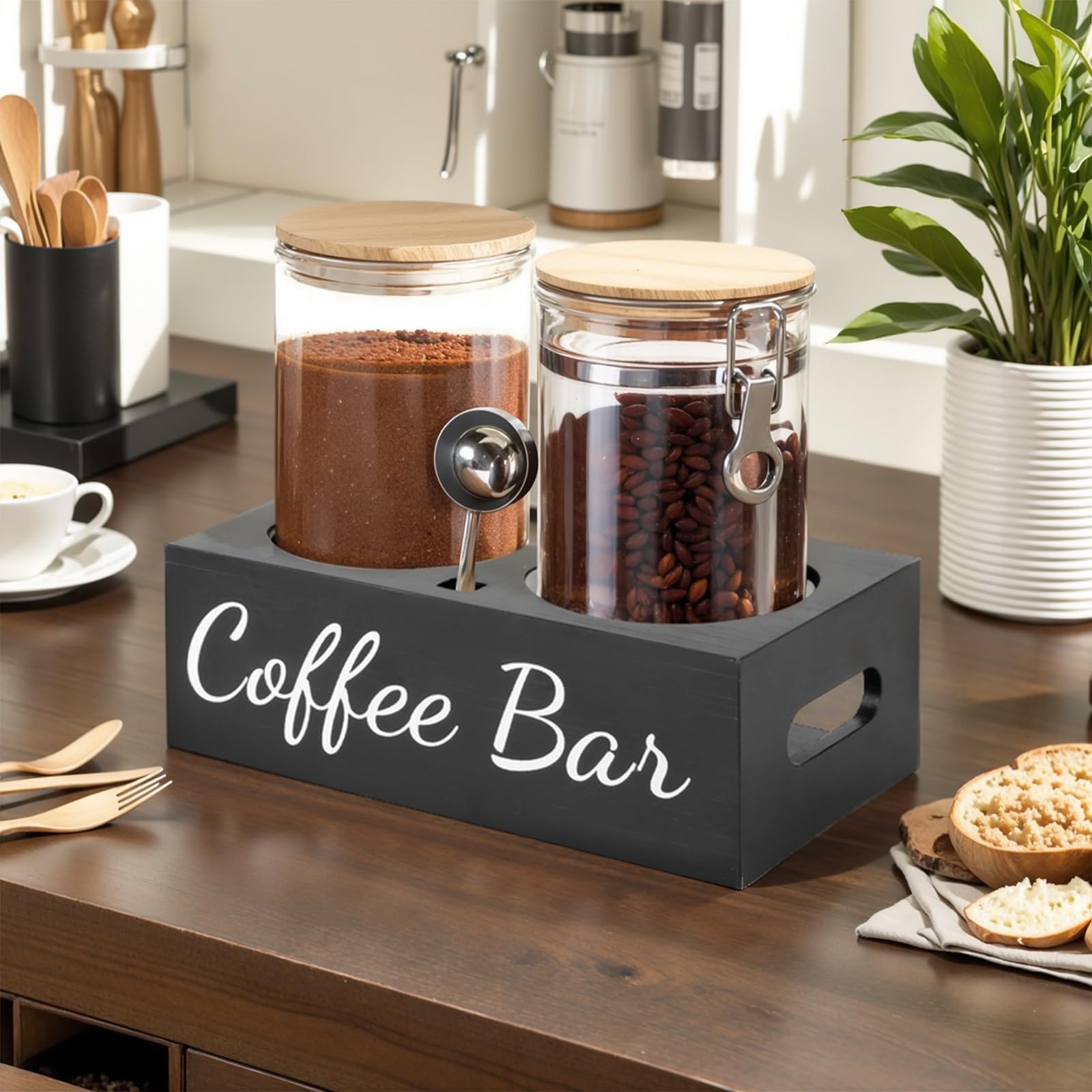 Kaffeedose Luftdicht 1kg Bohnen, 1500ML Elegante Glas-Kaffeebehälter mit 2 verschließbaren Behältern, Luftdicht Aufbewahrungsdose mit Regal Löffel für Kaffeebohnen, Kaffee Tee Zucker Nüsse
