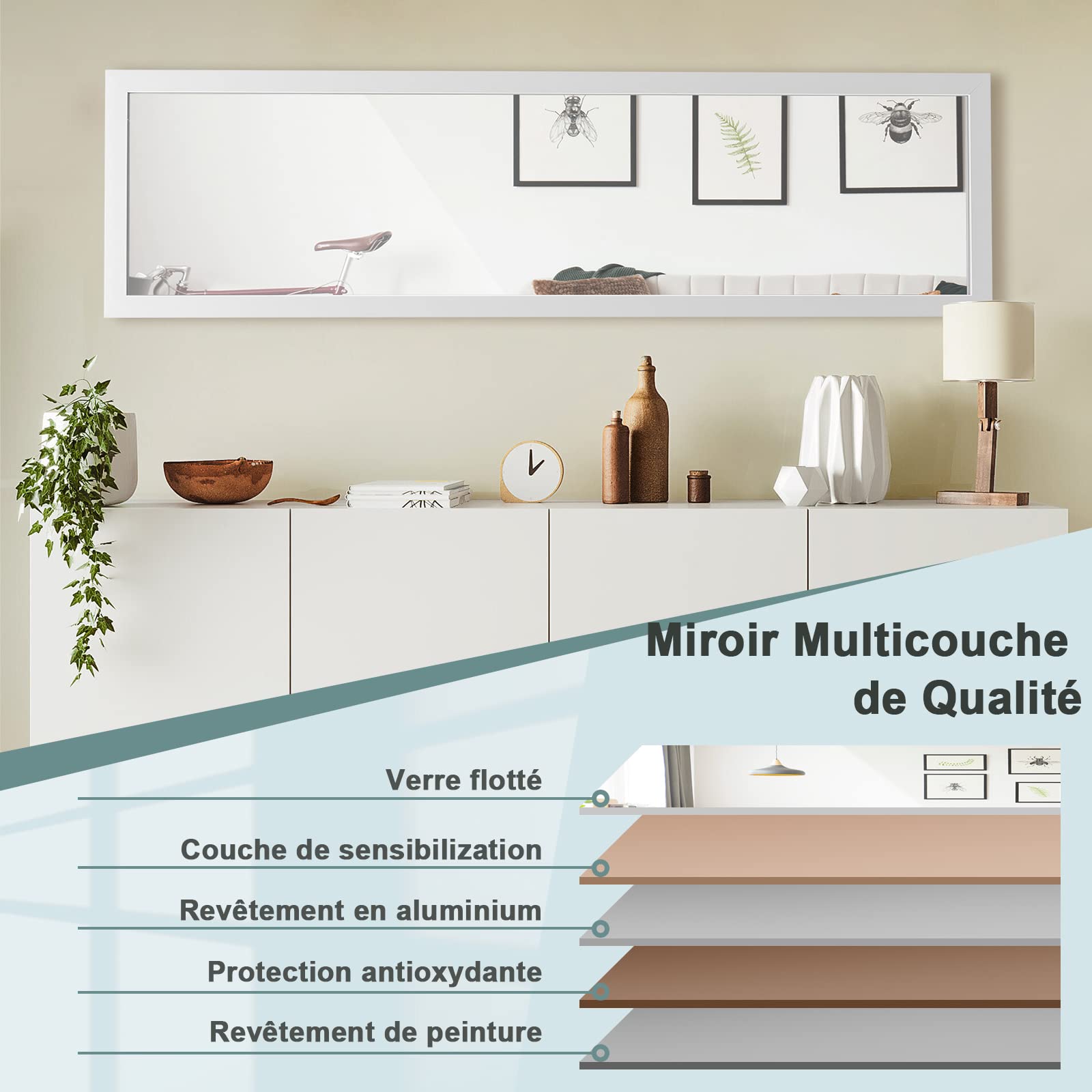 GOPLUS Espejo sobre toda la longitud por encima de la puerta, 119 cm x 33 cm Espejo de pared sobre toda la longitud con ganchos de suspensión para puerta, espejo integral (blanco)
