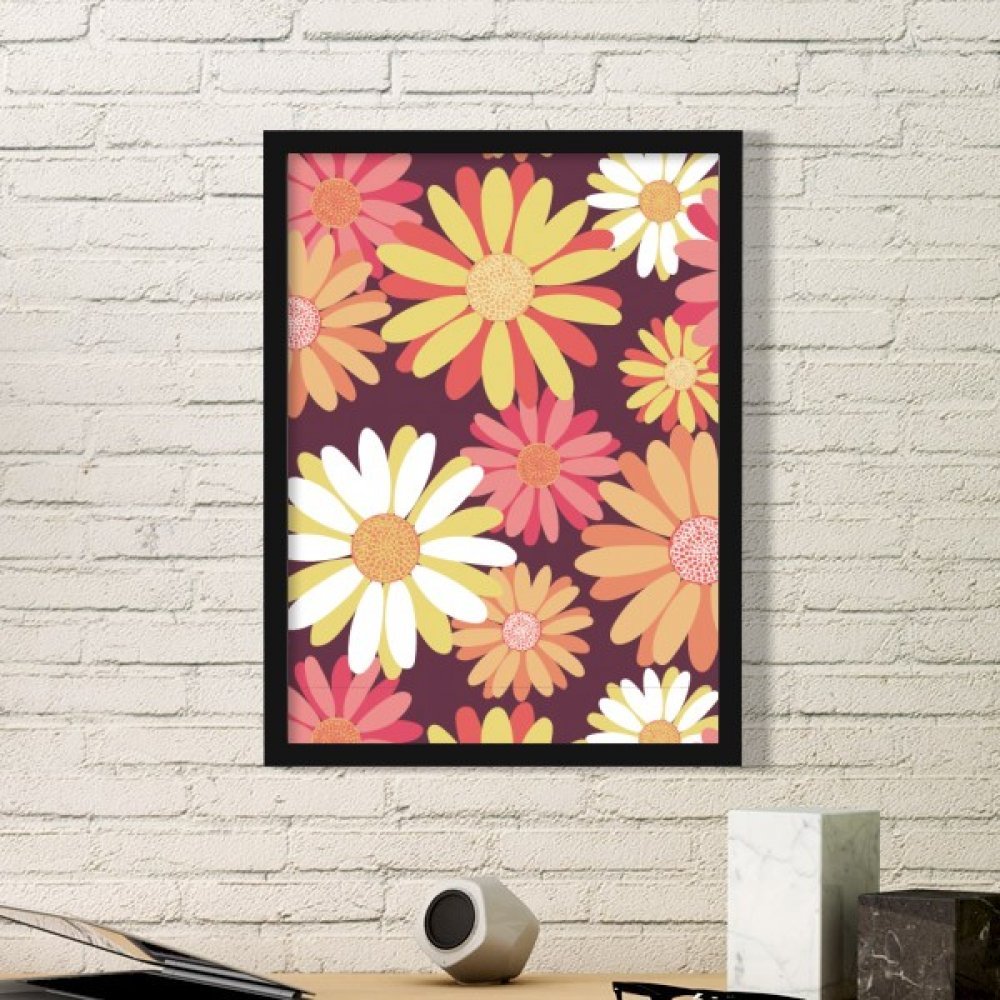 Cadre photo bois noir rectangle décoration maison motif fleur rouge jaune