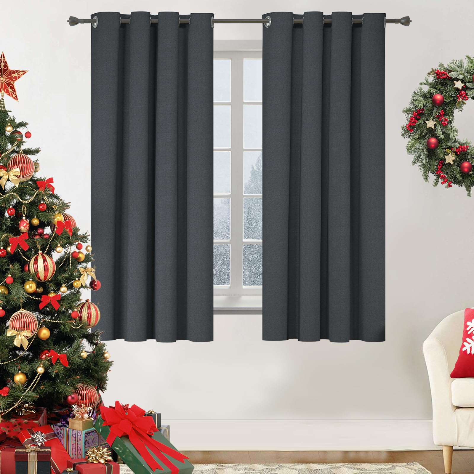 YSTELLAA Rideau 100% Occultant Lot De 2, 140×180cm, Effet Lin, Rideau Thermique Isolant Anti Froid Et Chaleur, Rideaux Anti Bruit, avec Oeillet, pour Salon Et Chambre, Gris