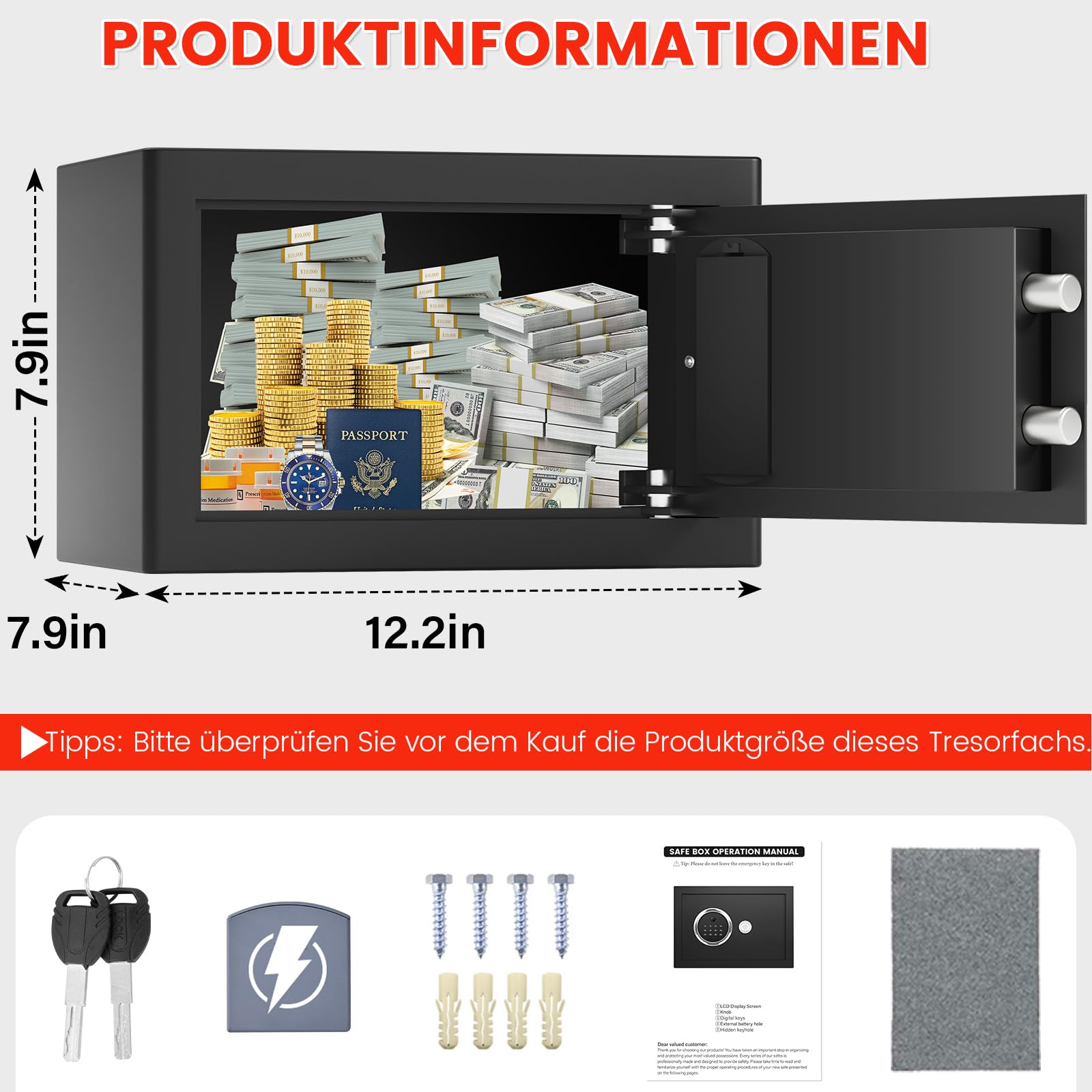 Biometrischer Tresor 18L mit Fingerabdruck – Digitaler Safe für Zuhause, Diebstahlsicherer Möbeltresor für Geld, Dokumente, Reisepass & Medikamente