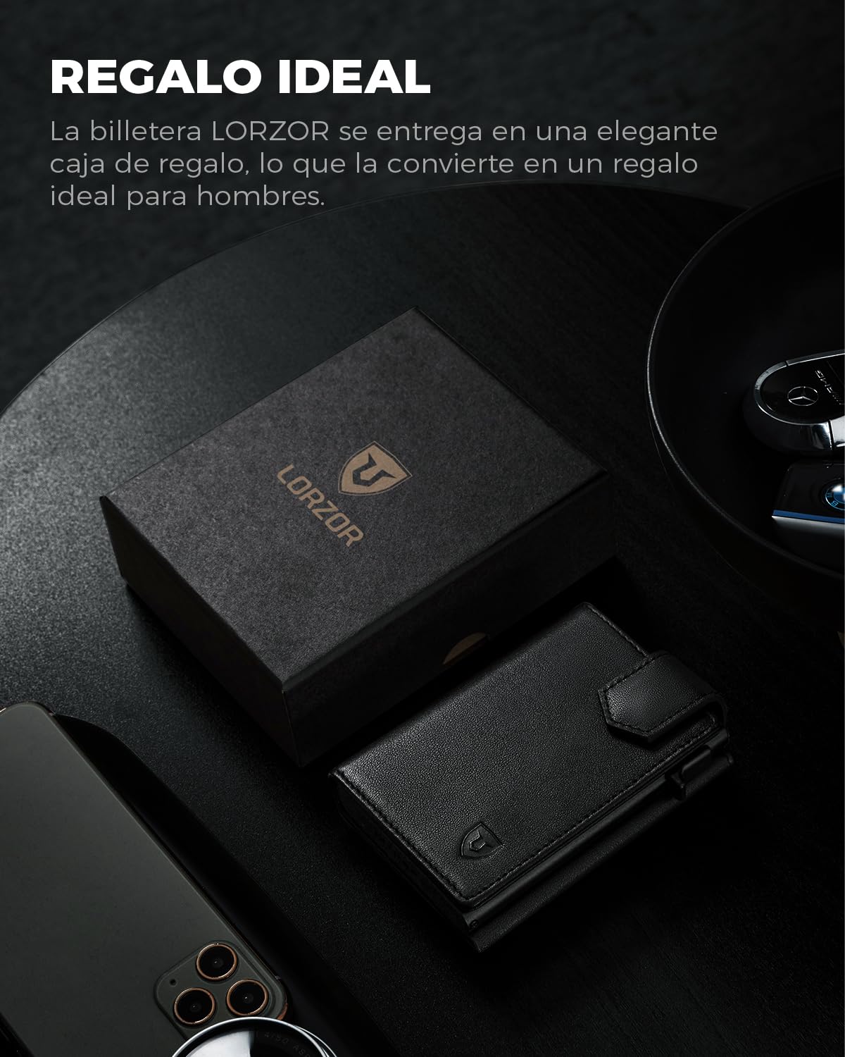 LORZOR® Cartera Pequeña de Piel Auténtica para Hombre, Tarjetero con Cierre Magnético, Billetera RFID Pop-up, Monedero con Capacidad para 10 Tarjetas