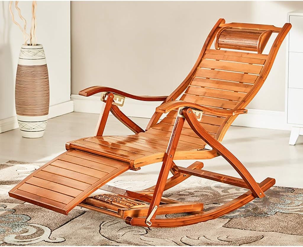 N / A Bamboo Rocking ChairFolding Chair, Portable Household Bamboo Rocking Chair, Adjustable Backrest with Foot Massage Ball Balcony Lounge Chair Sun Lounger