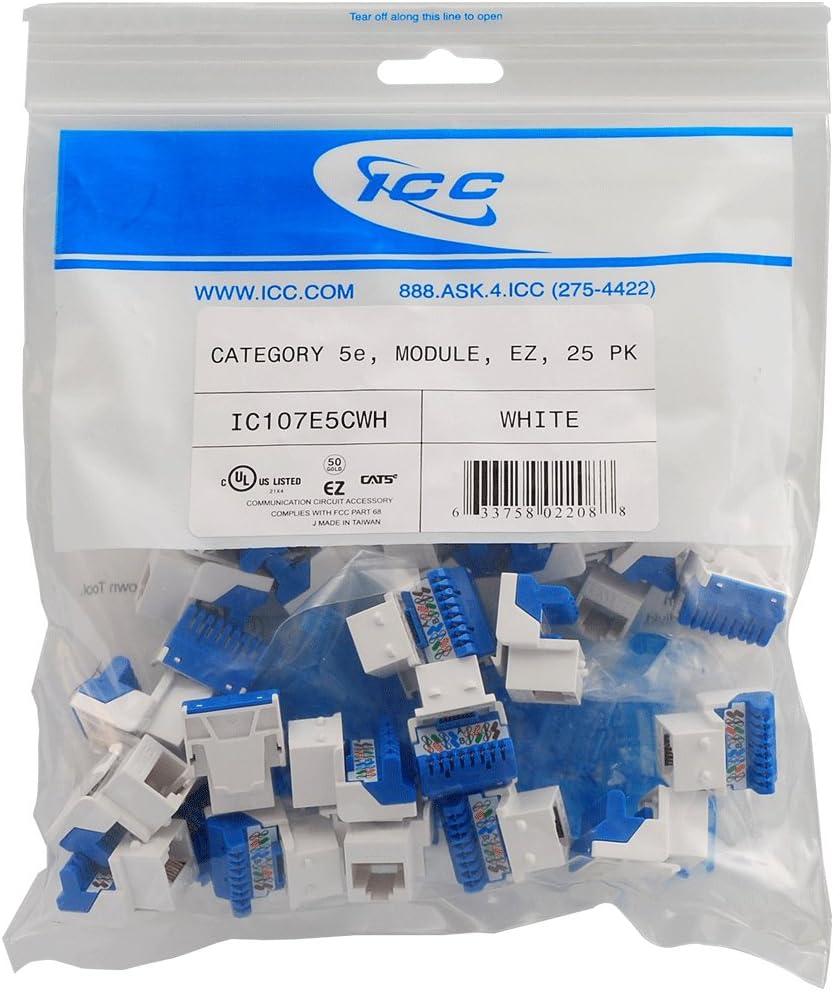 ICC CAT5e RJ45 Keystone Jack for EZ Style, White, 25-Pack