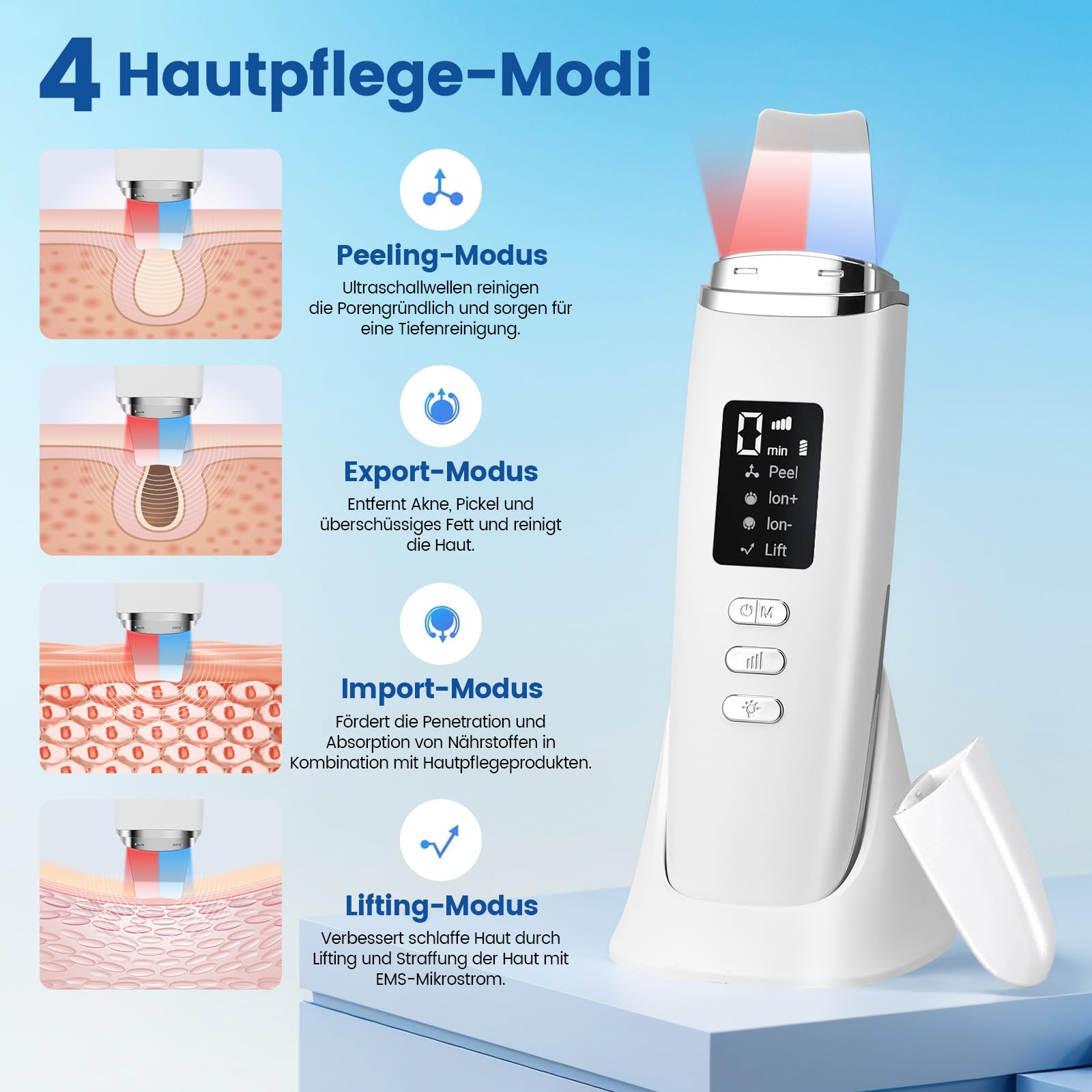 Skin Scrubber a ultrasuoni, pulitore per pori, elettrico con 4 modalità e luce rossa, luce blu, dispositivo ad ultrasuoni, dispositivo ad ultrasuoni per la pulizia del viso (bianco)