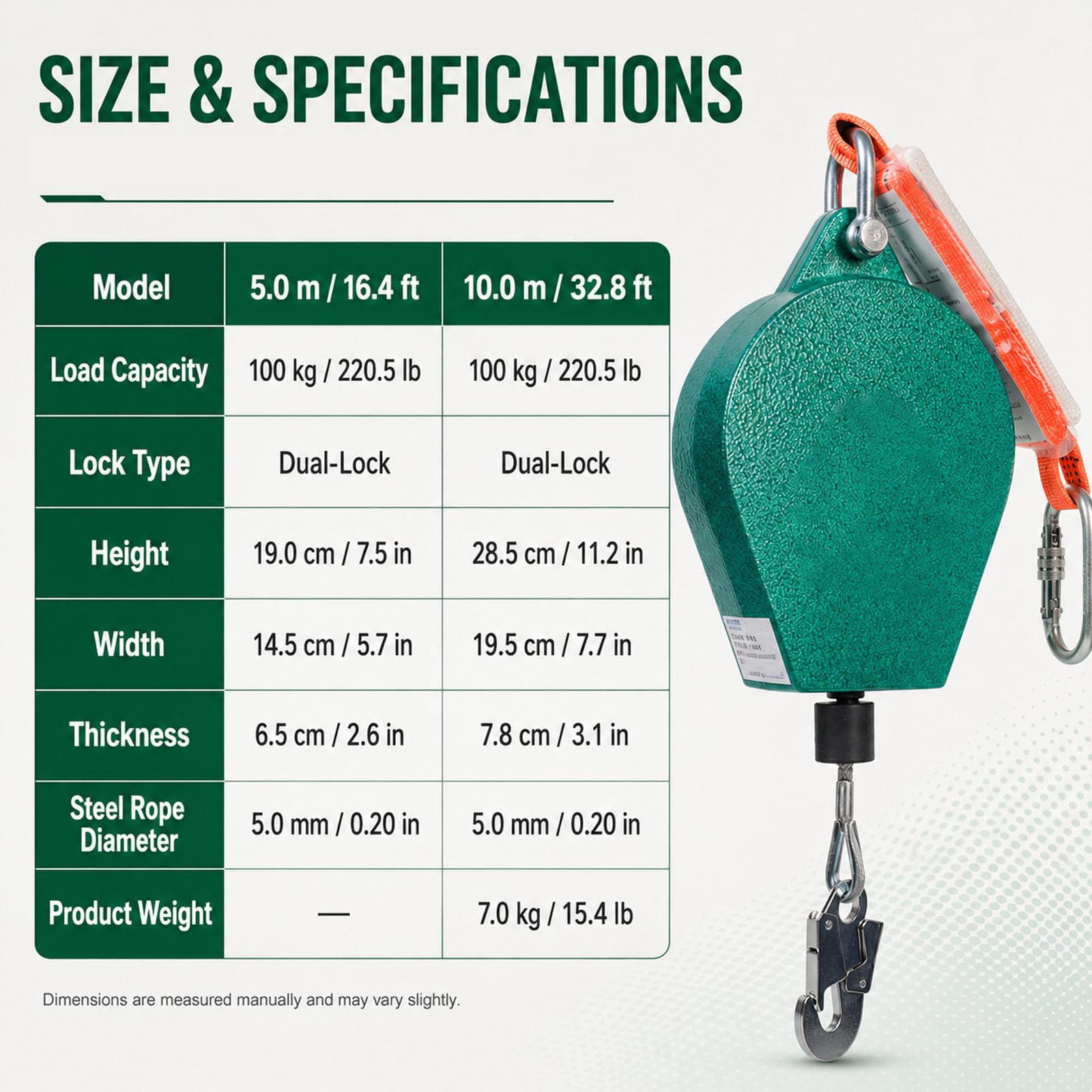 Dispositivo Anticaduta Retrattile 220lb con Cavo Acciaio 5mm Doppio Blocco