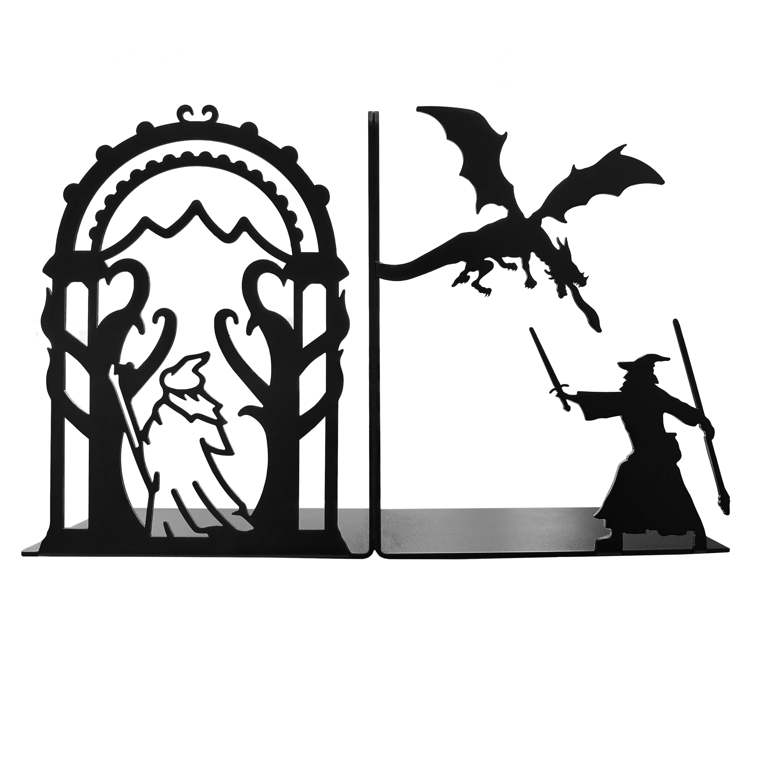 Dekorative Buchstützen aus Stahl, 17,8 cm hoch, 27,9 cm breit, Zauberer und Drache, Schwarz, 1,4 kg