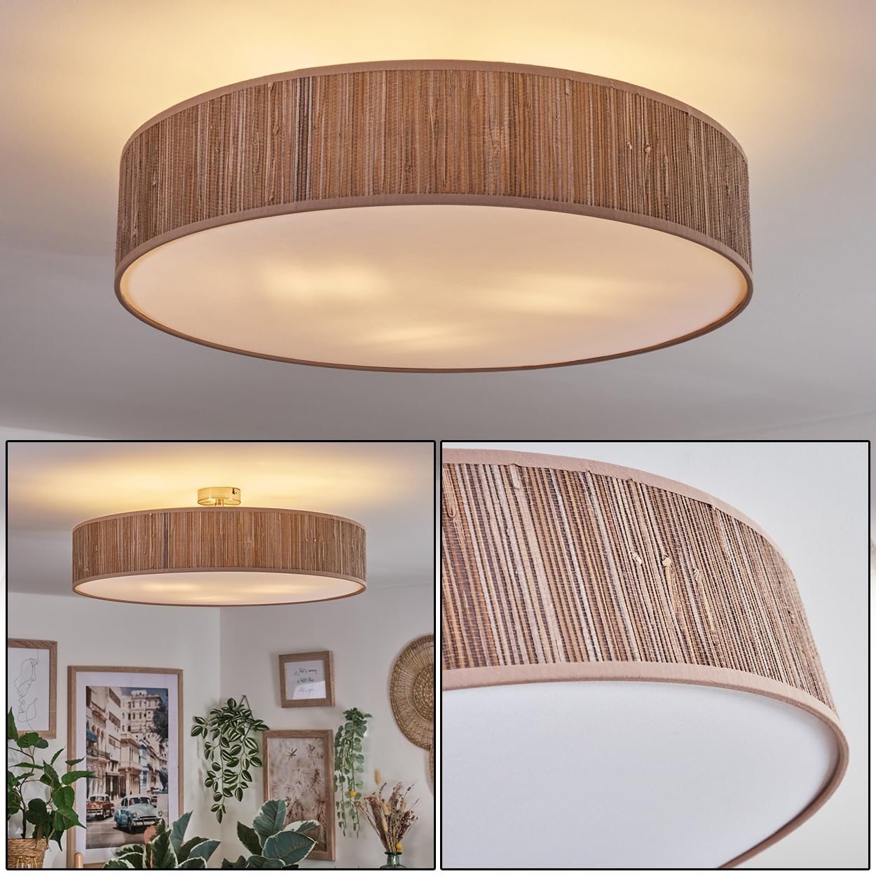 HOFSTEIN Deckenleuchte Foggia, Deckenlampe aus Metall/Schilfgras/Kunststoff in Nickel-matt/Braun/Weiß, runde Leuchte im modernen Boho-Design (Ø 60 cm), E27, Esszimmer, Wohnzimmer, Schlafzimmer, Küche