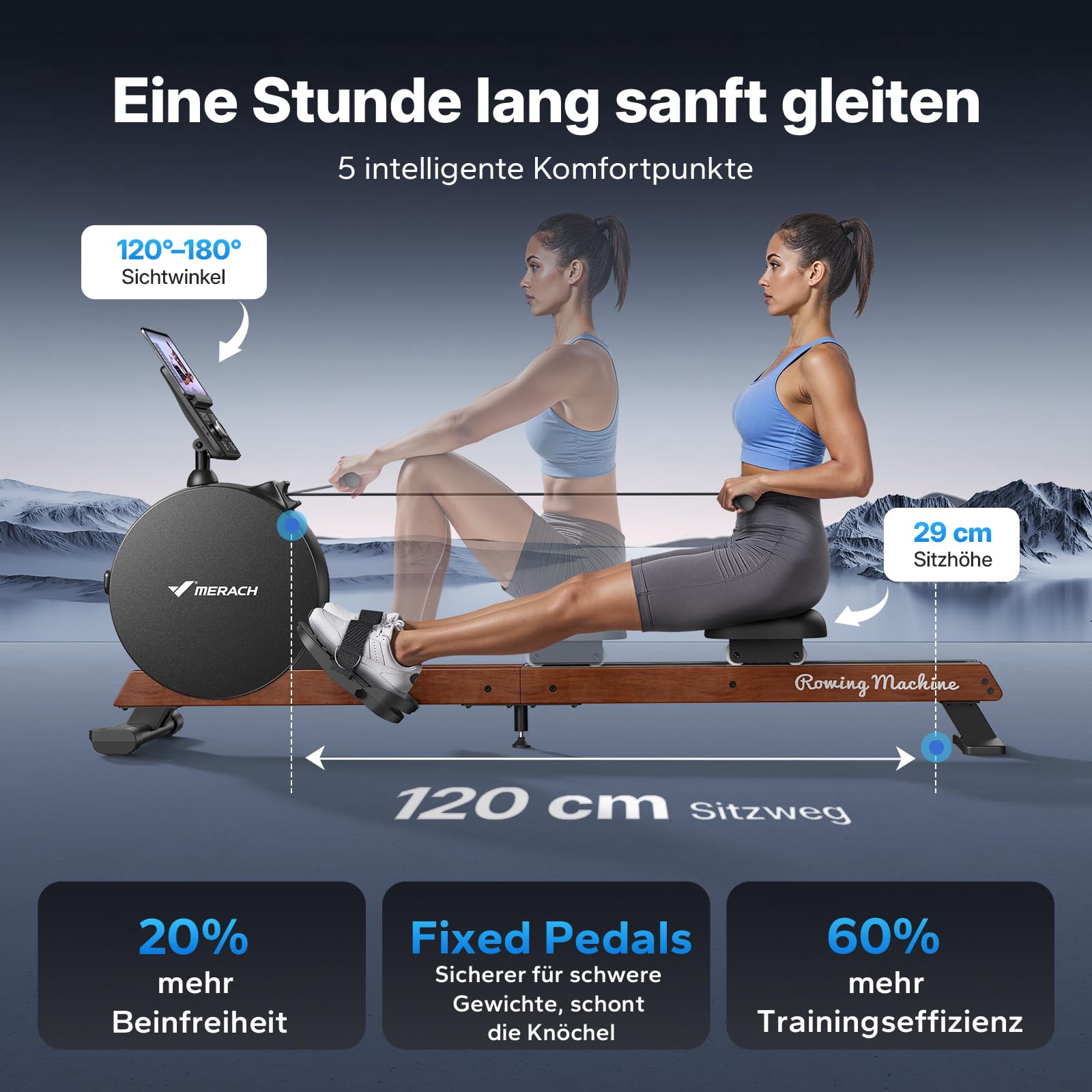 MERACH Rudergerät für Zuhause, Eigenerzeugung, Verbesserter Magnetischer Spitzenwiderstand von 60 kg, Automatische Widerstandsanpassung, LED-Anzeige/ 21,5-Zoll-HD-Bildschirm (R7)