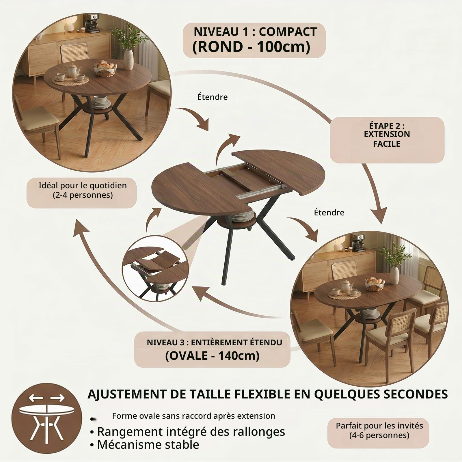 Table à manger ronde extensible, 100-140 cm, ronde en bois, table de salle à manger ovale avec fonction télescopique, table de salon extensible avec étagères ouvertes pour cuisine, salle à