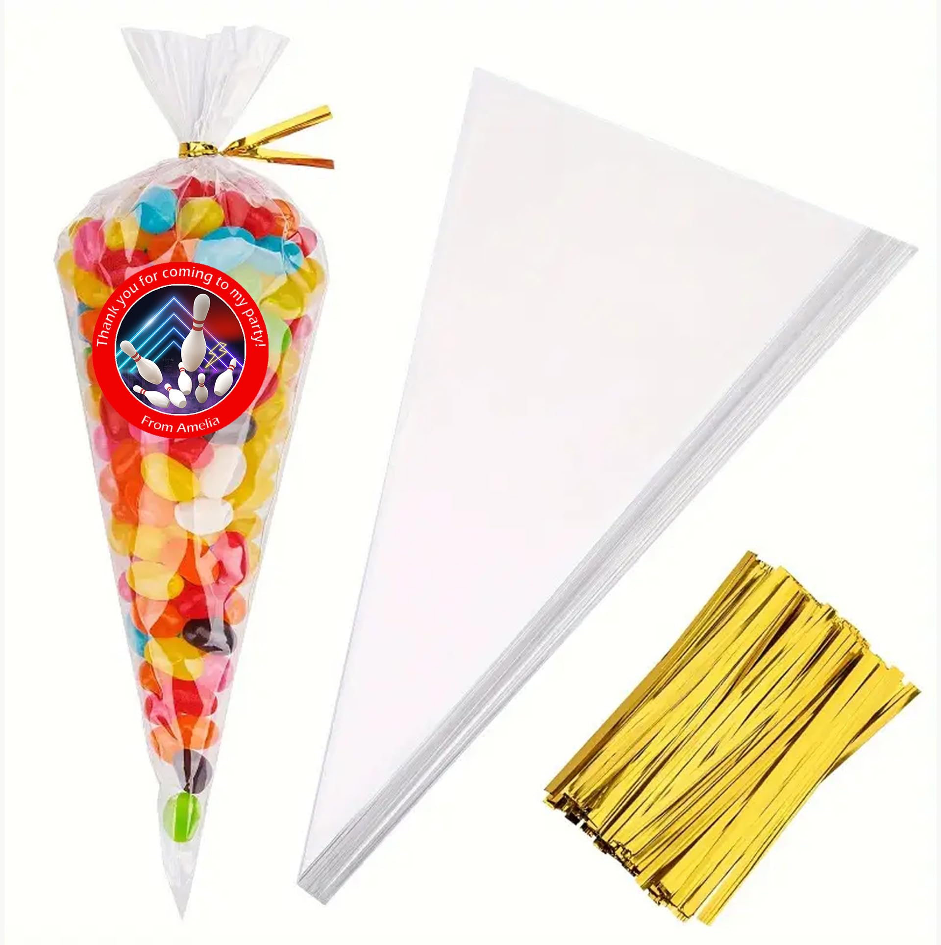 Treasured Forever Limited Red 24 Personalised Bowling Party Stickers – Thank You Labels For Sweet Cones & Favour Bags - Stickers & Empty Cone Bags