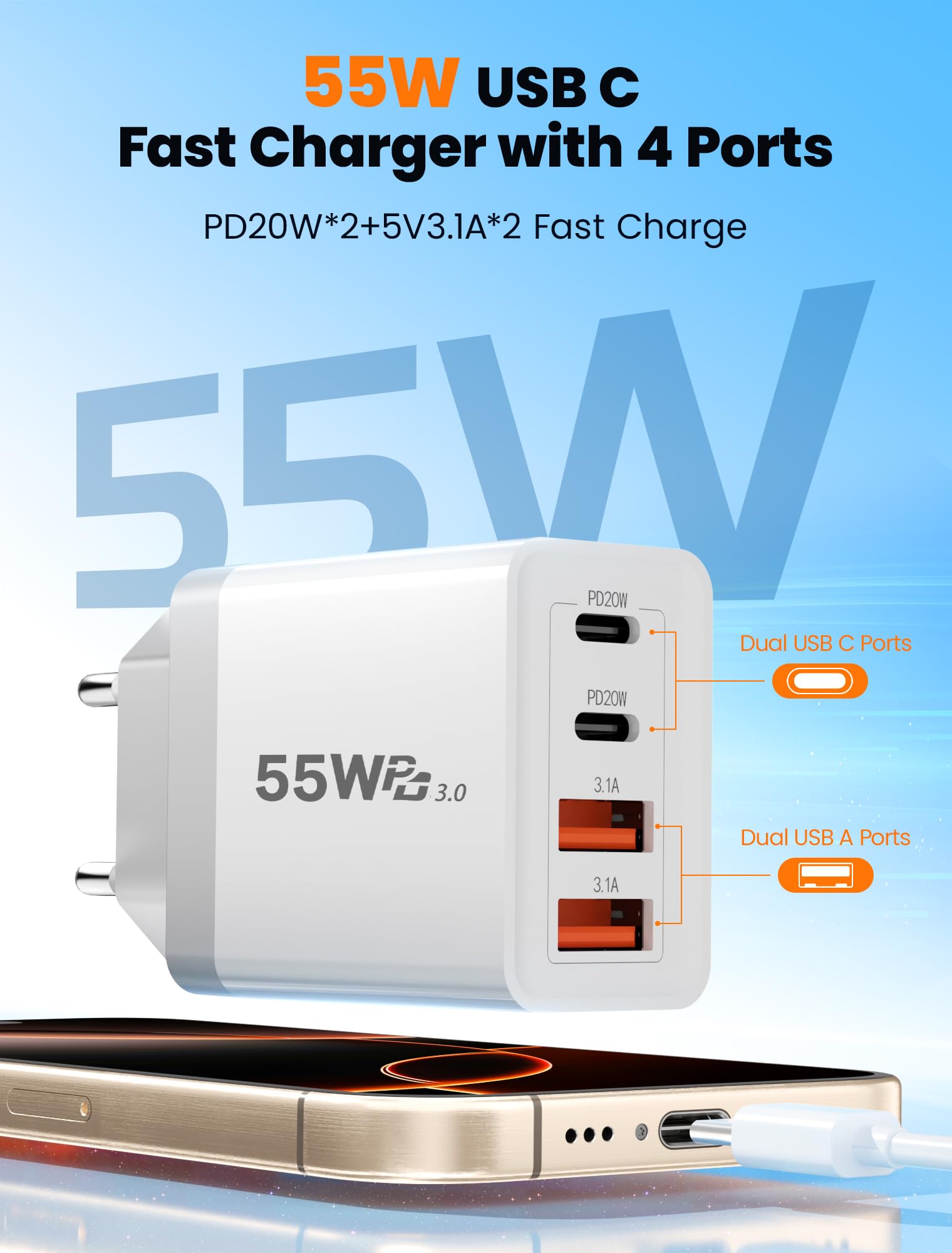 NEUTYPECHIC 55 W Caricatore USB C Rapido, 4 Porte Presa Spina Alimentatore USB C Caricabatterie, Presa Multipla PD 3.0 Carica Cellulare, per iPhone 16 15 14, per Samsung Galaxy e Altri Smartphone