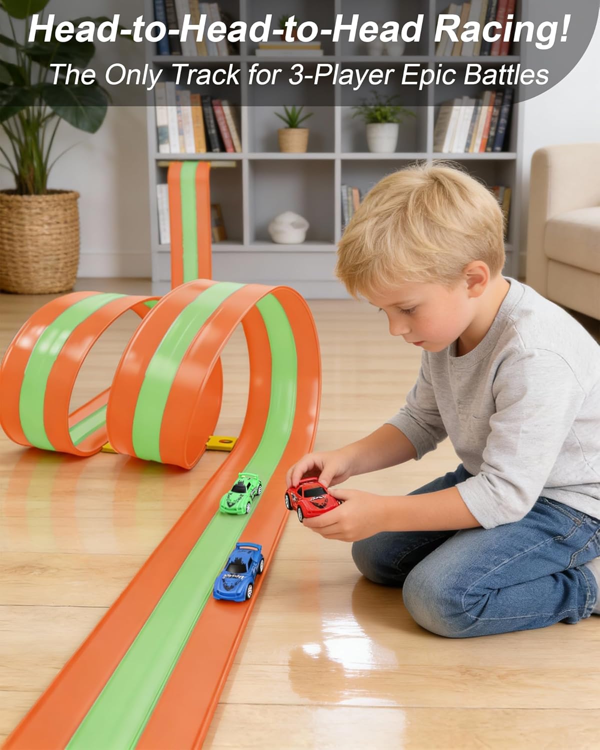 3-Lane Flexible Race Car Track for Kids, 16.4ft Roll Up Racetrack with 6 Cars, No Assembly Battery-Free Track Set Compatible with 1/64 Diecast Cars, Gift for Boys Girls 3-12, Orange