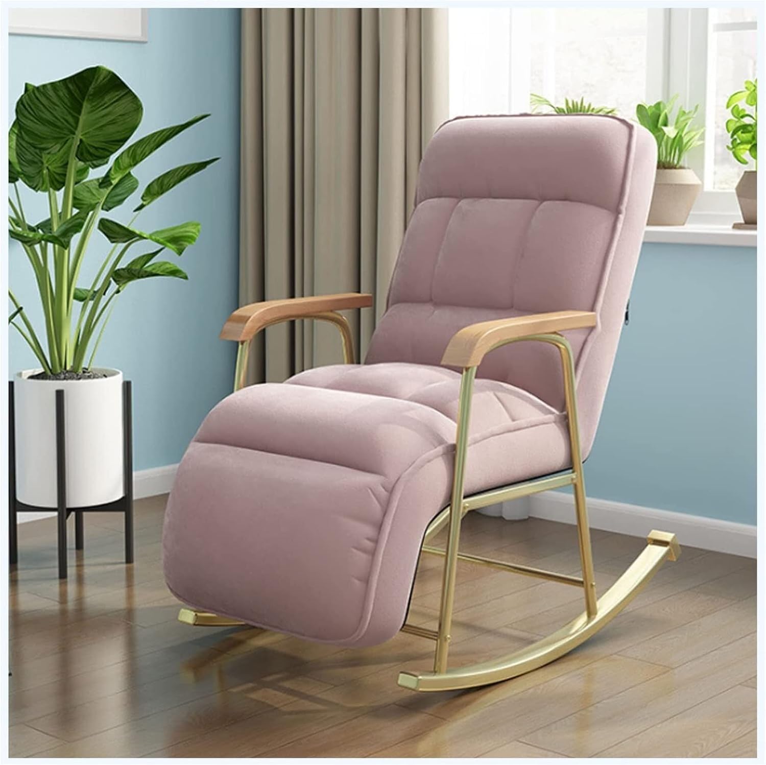 Sedia a dondolo con schienale alto con braccioli, per rilassarsi, lettura e uso domestico, perfetta per soggiorno o camera da letto, comfort e stile
