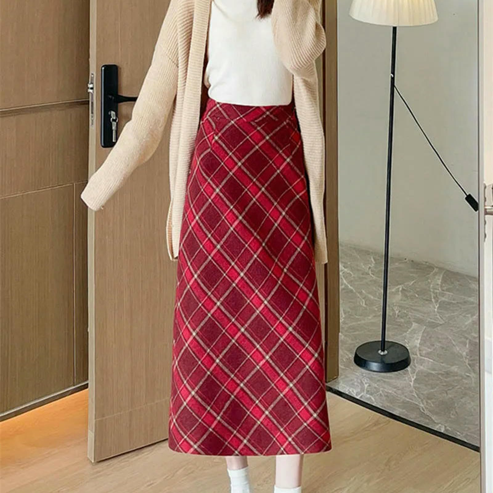 Gonna Lunga Gonne Scozzesi Vintage Donna Autunno Inverno Divisa A Vita Alta Trapezio Contrasto Streetwear Femminile-Kaki Normale-XL