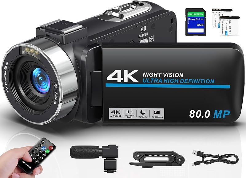 Camcorder Video Camera 4K 80MP 30FPS Vlogging for YouTube Autofocus | IR Night Vision, 18X Digital Zoom, 3.0 IPS Screen Recorder with 32GB SD Card, 2 Batteries, Stabilizer and Remote Control