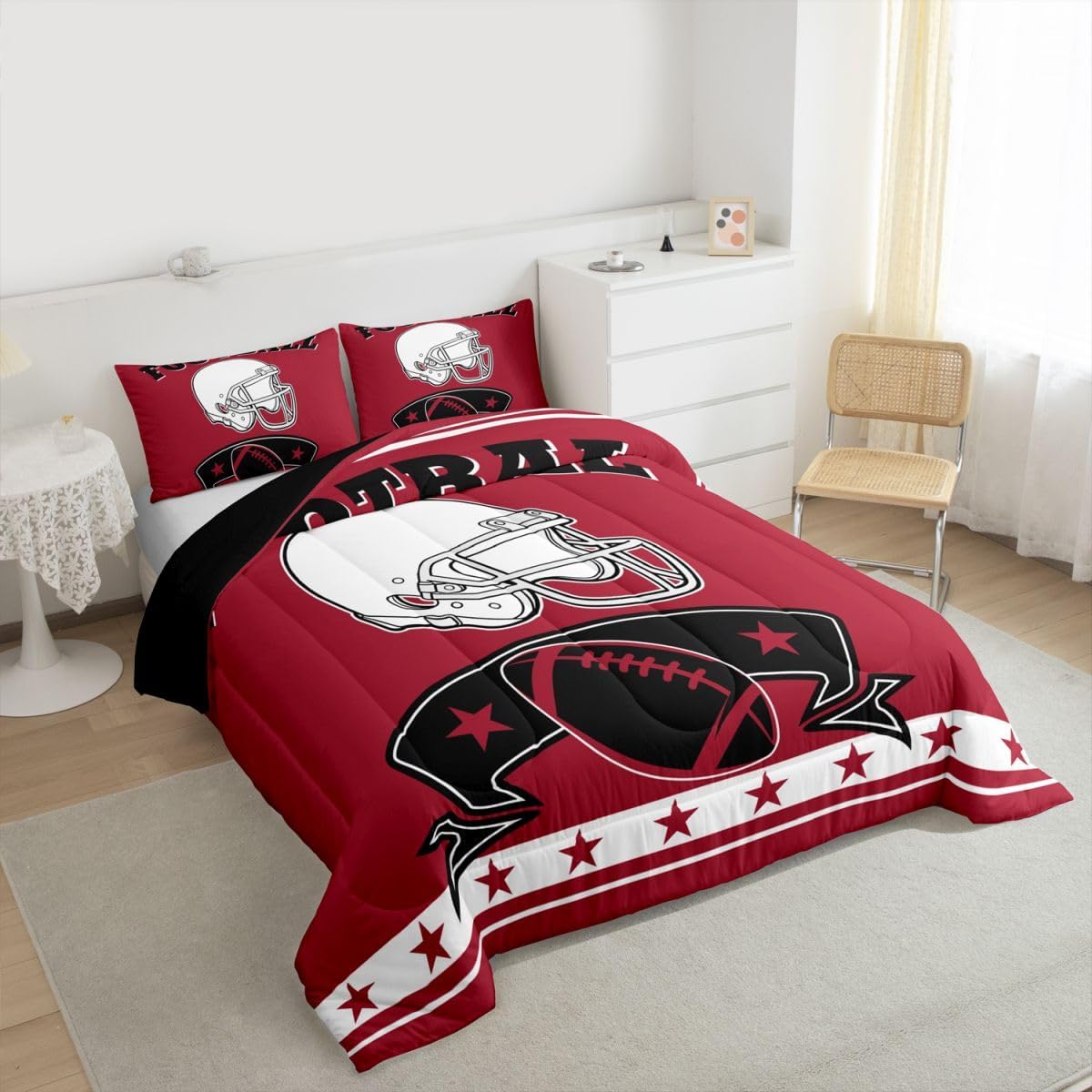 Erosebridal Kids Rugby Comforter Queen, Gridiron Bedding Sets for Boys Girls Football City Bedding Comforter Sets Sports Black and Red Retro Stars Down Comforter 3 Piece