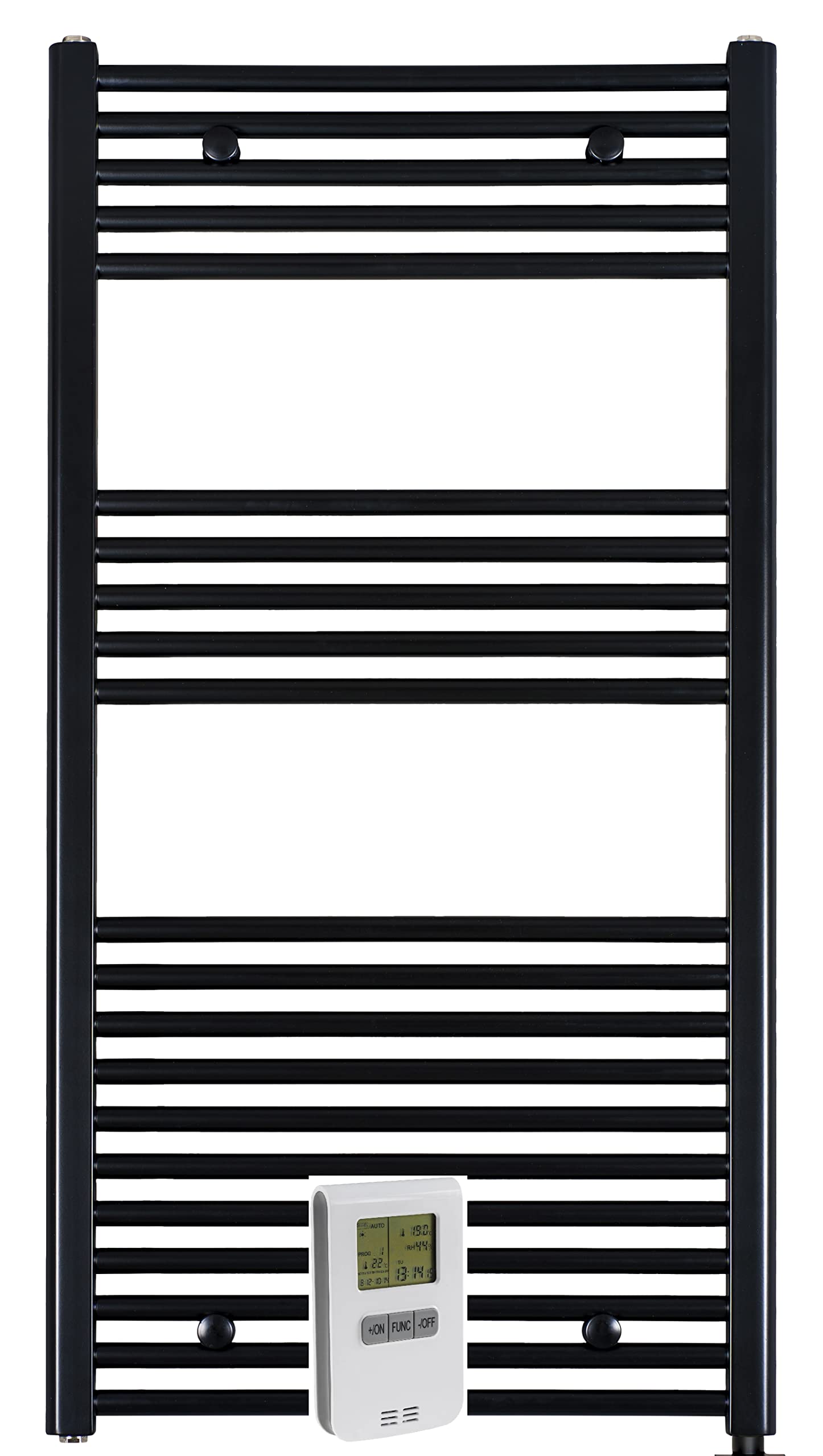 anapont Elektryczny grzejnik łazienkowy 1175 x 600 cm, czarny, prosty, pilot zdalnego sterowania z funkcją timera, grzejnik na ręczniki, wyprodukowano w Niemczech
