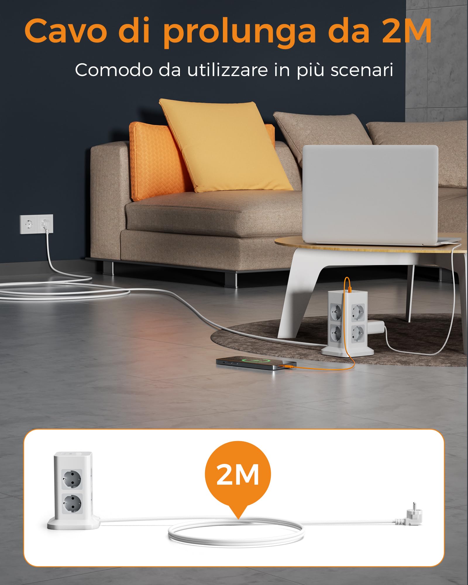 TESSAN 8 Prese Ciabatta Multipresa con 3 USB C, Ciabatta Elettrica con Protezione da Sovratensione 1700J, Ciabatta Elettrica con Interruttore, Multipresa da Scrivania 16A con Prolunga 2M, 3600W