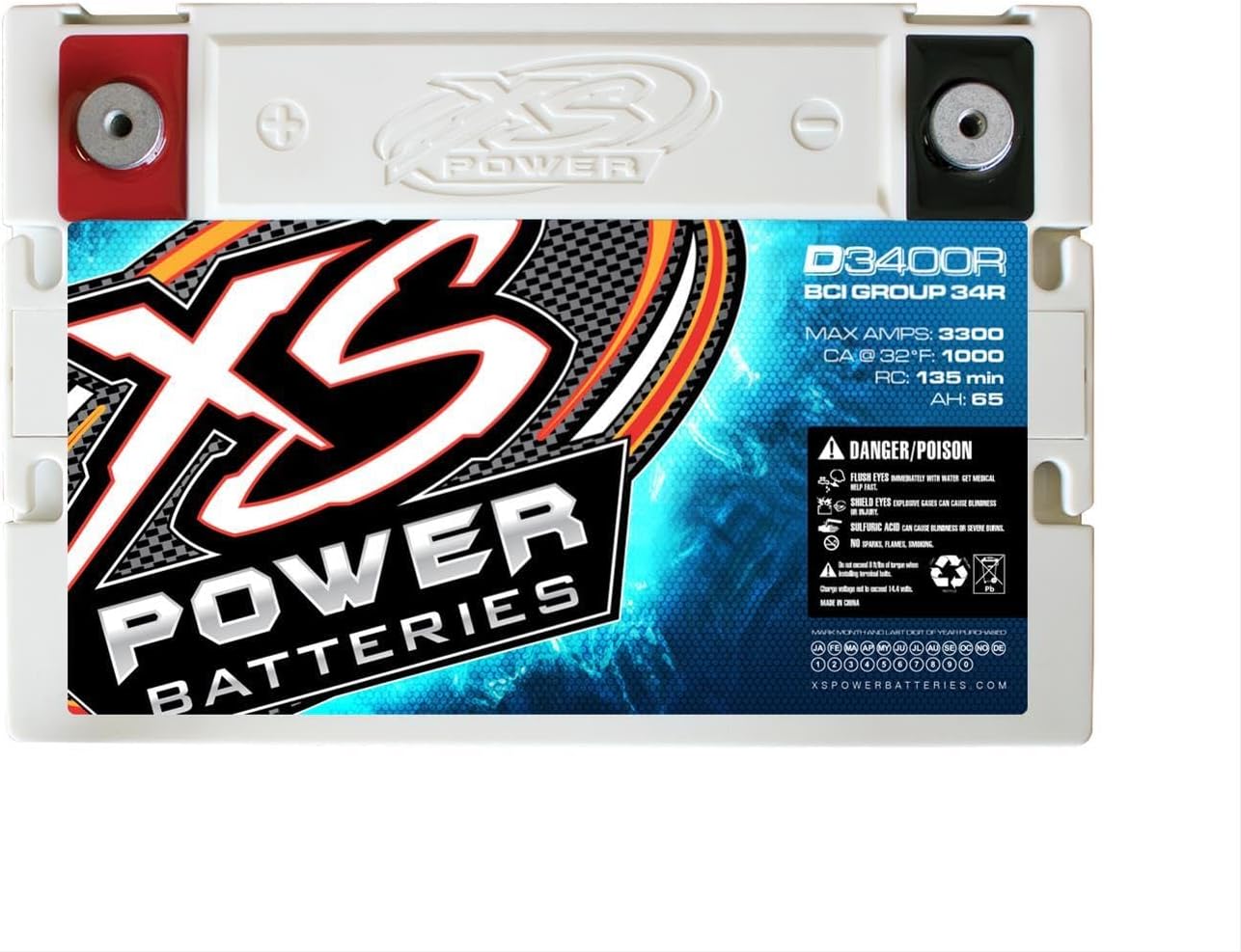 XS Power D3400R 3300 Amp AGM Battery with M6 Terminal Hardware - Group 34R 12 Volt 80Ah 1150CA Deep Cycle AGM Powercell for Car Audio Systems and Performance Cars (Reverse Polarity)