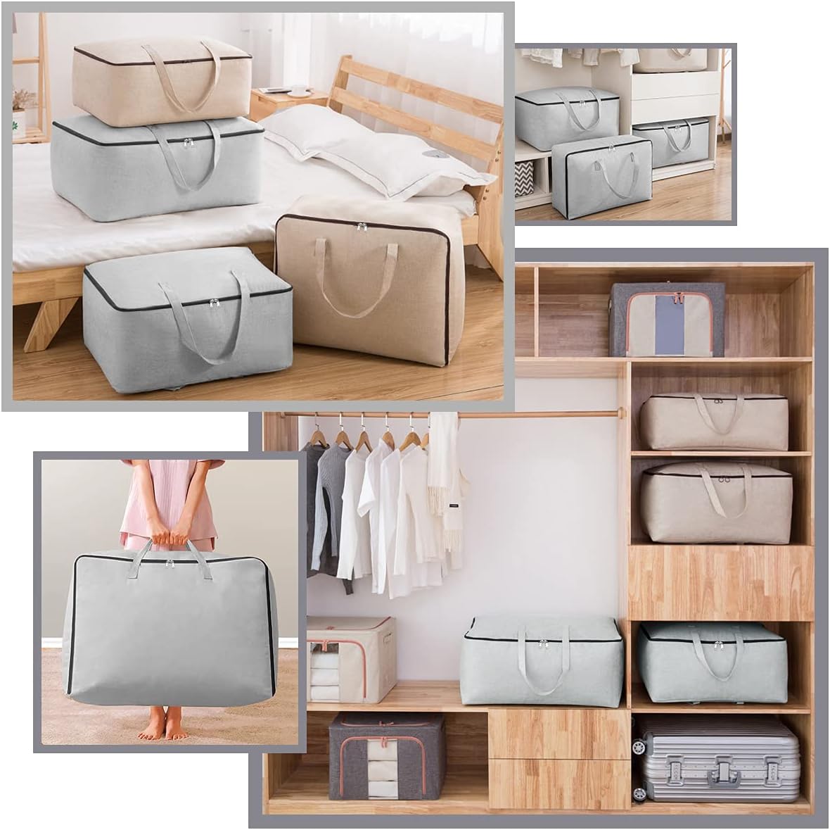 2-Pack Heavy Duty Canvas Cotton Storage Bags for King/Queen Duvets | Soft & Breathable | 3-Zip Opening, Dust Proof Blanket Organizer Bag | 23.6 * 8.7 * 17.7inches - Image 5