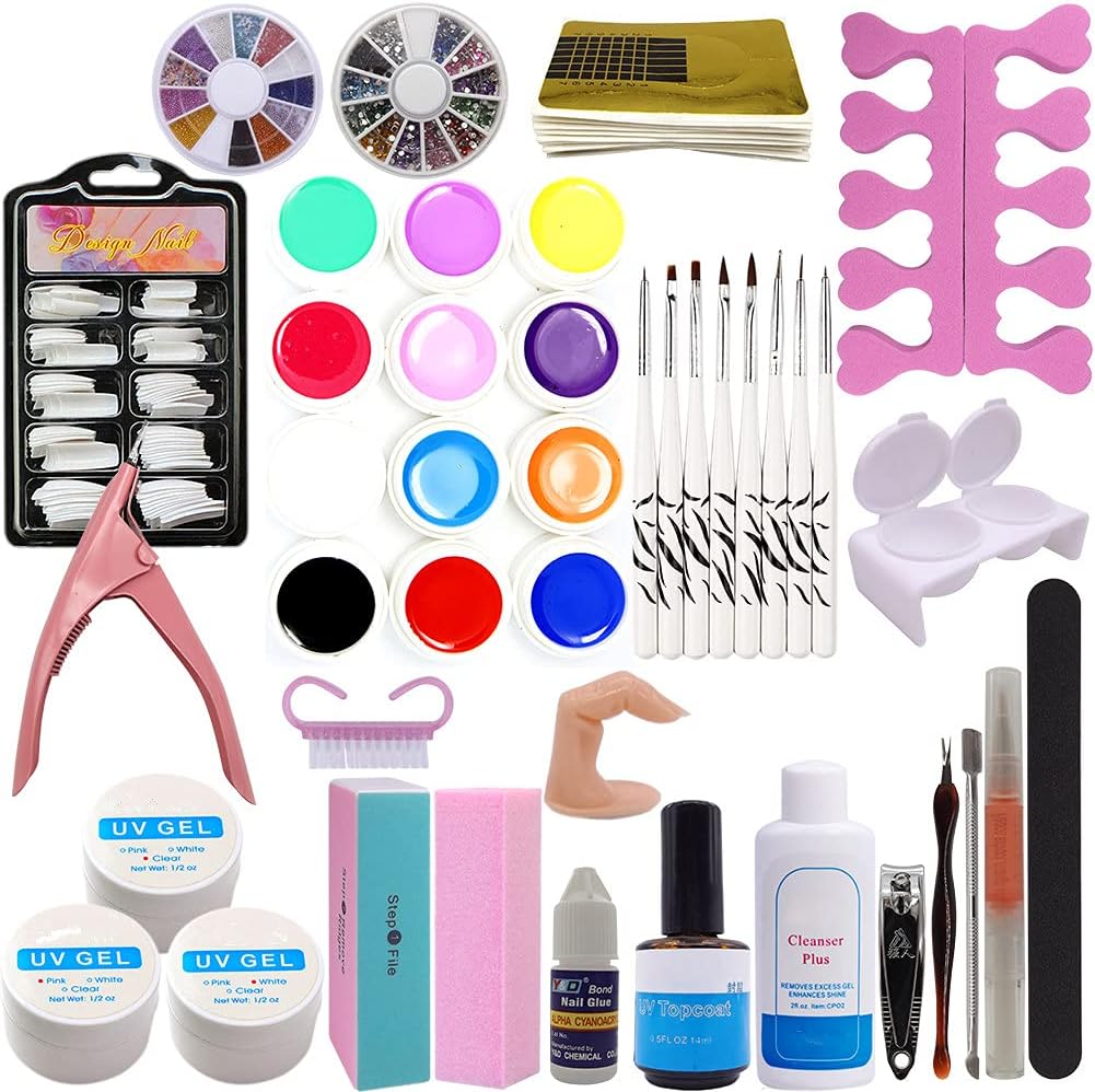 24 in 1 Combo Set Professional Color U V Builder Gel DIY Nail Art Decorations Kit Brush Buffer Cuticle Revitalizer Oil Pen Tools White Nail Tips Rhinestones Cutter Sanding Files Forms U V Gel Set
