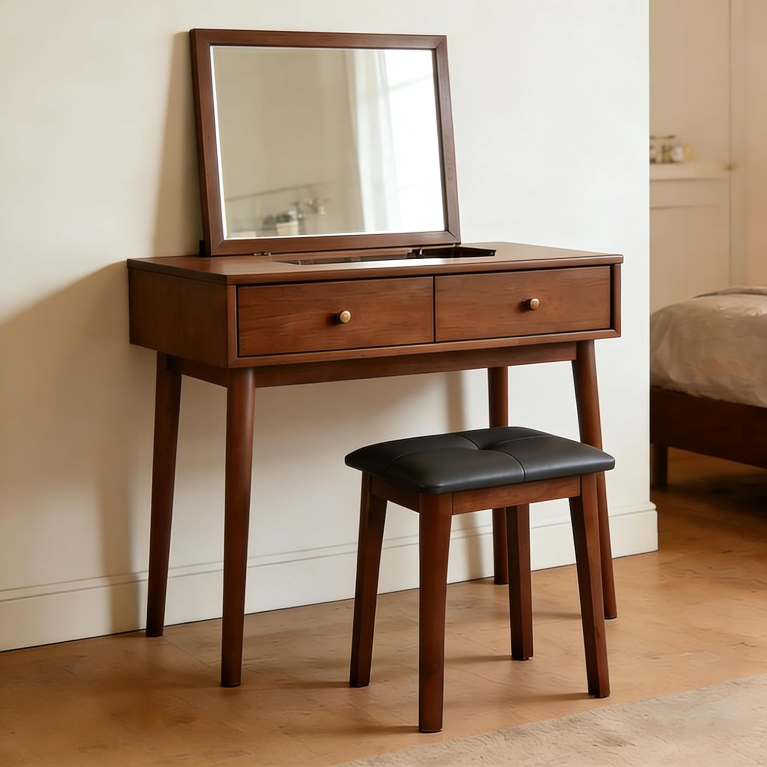Solid Wood Vanity Stool with Cushion, 11" D x 15" W x 18" H - Small Wooden Ottoman Bench Chair Padded Seat for Bedroom/Living Room/Office/Makeup Vanity/Closet/Desk - Dark Grey