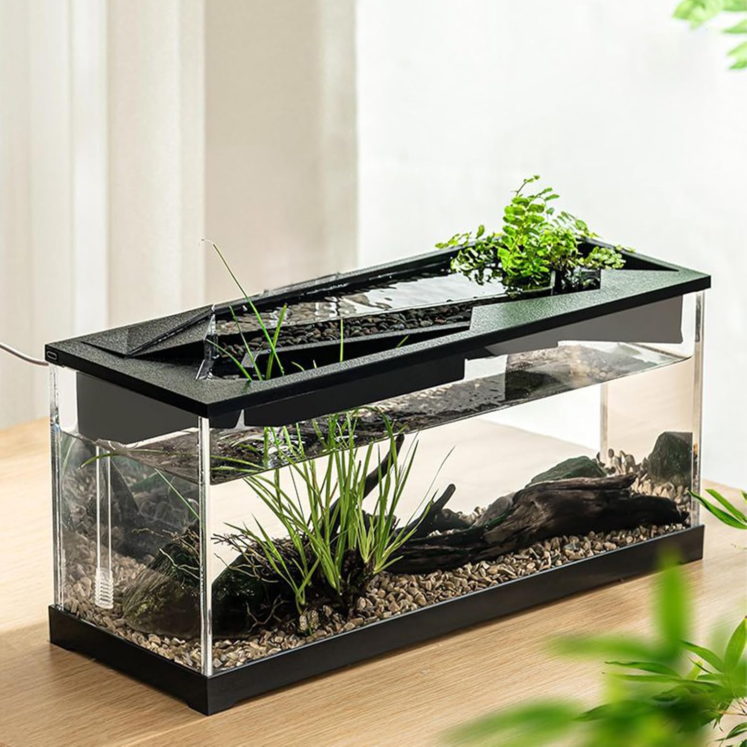 Acrylic Aquarium – Clear Cube Tank, Air Circulation Pump | Starter Kit with Lighting System, Silent Filter Housing, Desktop Pet Environment for Bedroom Studio Shelf Decor, Easy-Maintain Bow