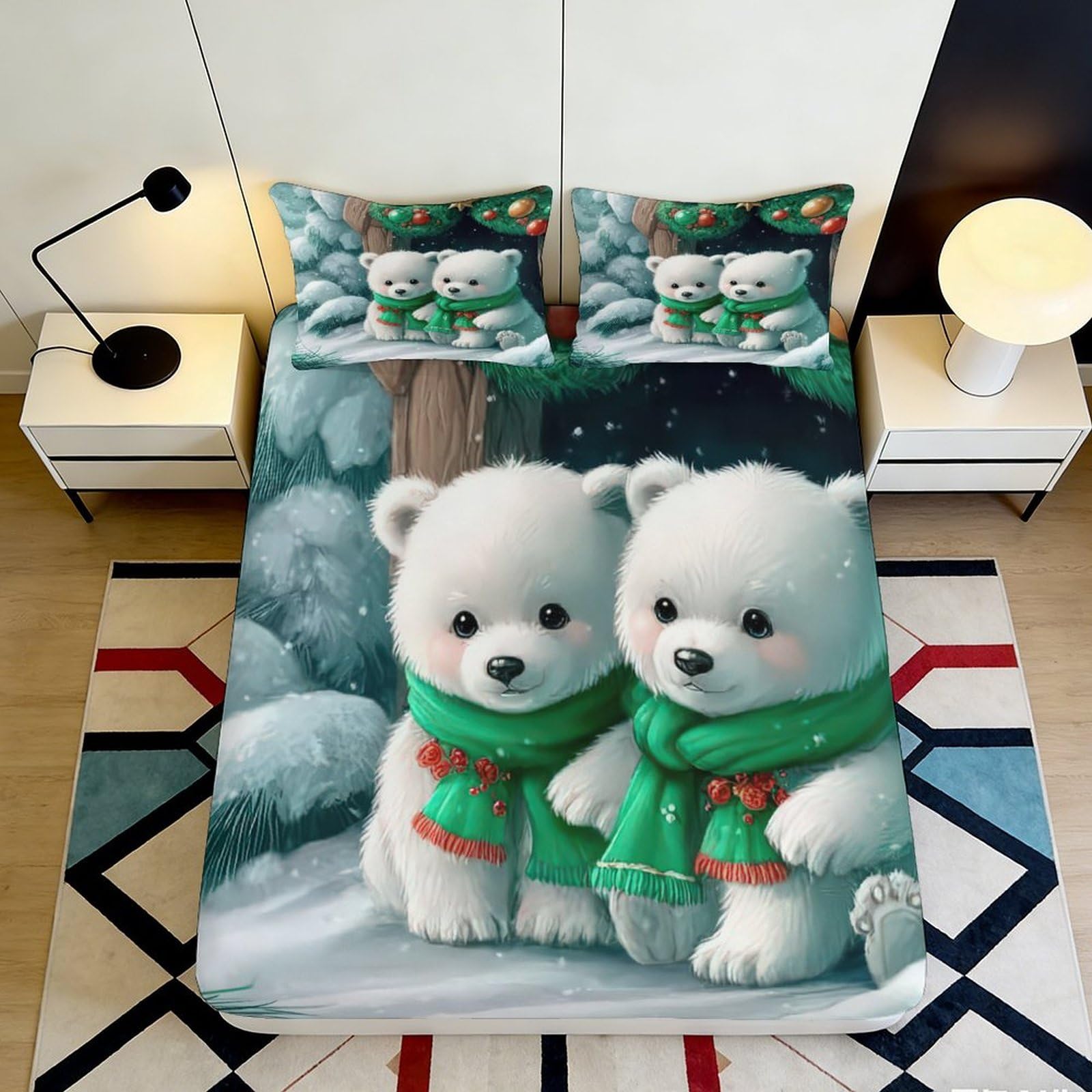 3D Printed Cute Polar Bear Fitted Sheet Microfiber Soft Winter Forest Bed Cover for Bedroom Dorm Rental Decor 90x200x25cm