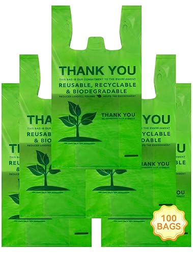 100 Count Biodegradable T-Shirt Bags, Compostable Thank You Grocery Bags,